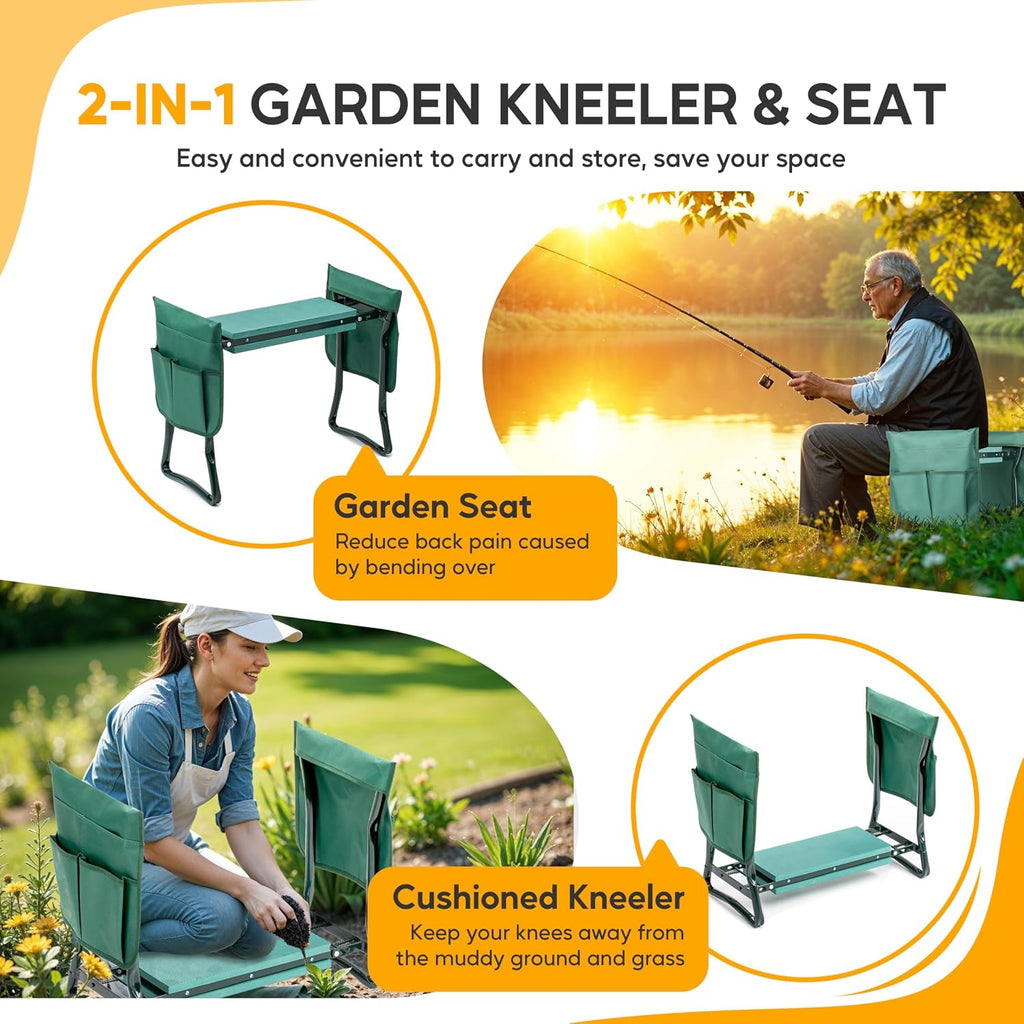 Garden Kneeler and Seat, Foldable Kneeling Stool with Thicker EVA Foam Pad, Heavy Duty Bench with Tool Pouch, Gifts for Outdoor Gardening, Fishing, Green, Arbor Day Gift