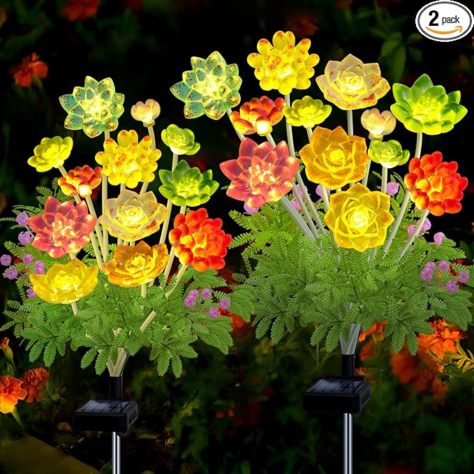 Solar Garden Lights Outdoor, 2 Pack Upgraded Succulent Solar Flowers Outside by KohlrabiDecor