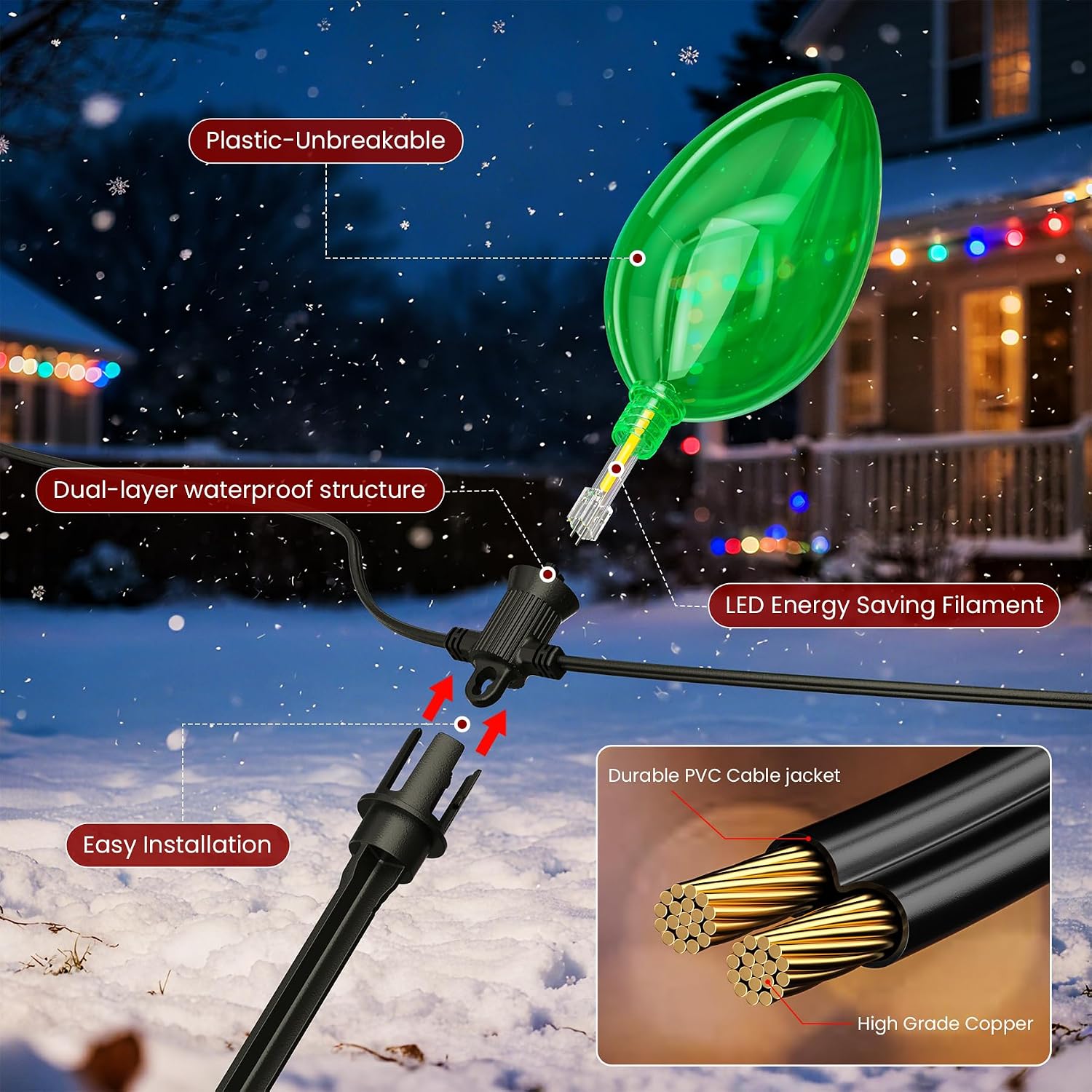 Outdoor Jumbo C9 Christmas Pathway Lights, 23FT Connectable Walkway Lights with 12 Multicolor LED Bulbs for Driveway Yard Lawn Garden
