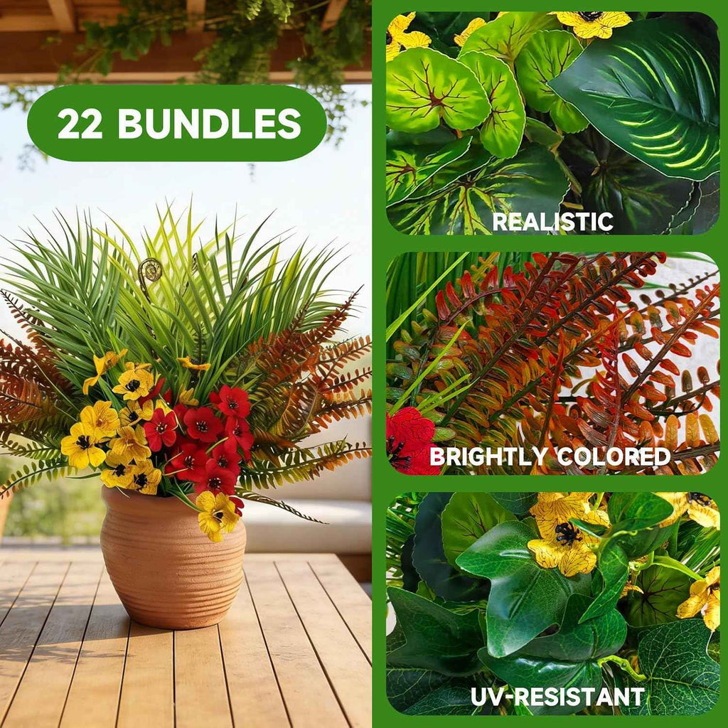 22 Bundles Outdoor Artificial Plants Greenery Stems UV Resistant Faux Plants for Outside Fake Stems Plastic Leaves for Front Porch Home Decor Garden Porch Planter