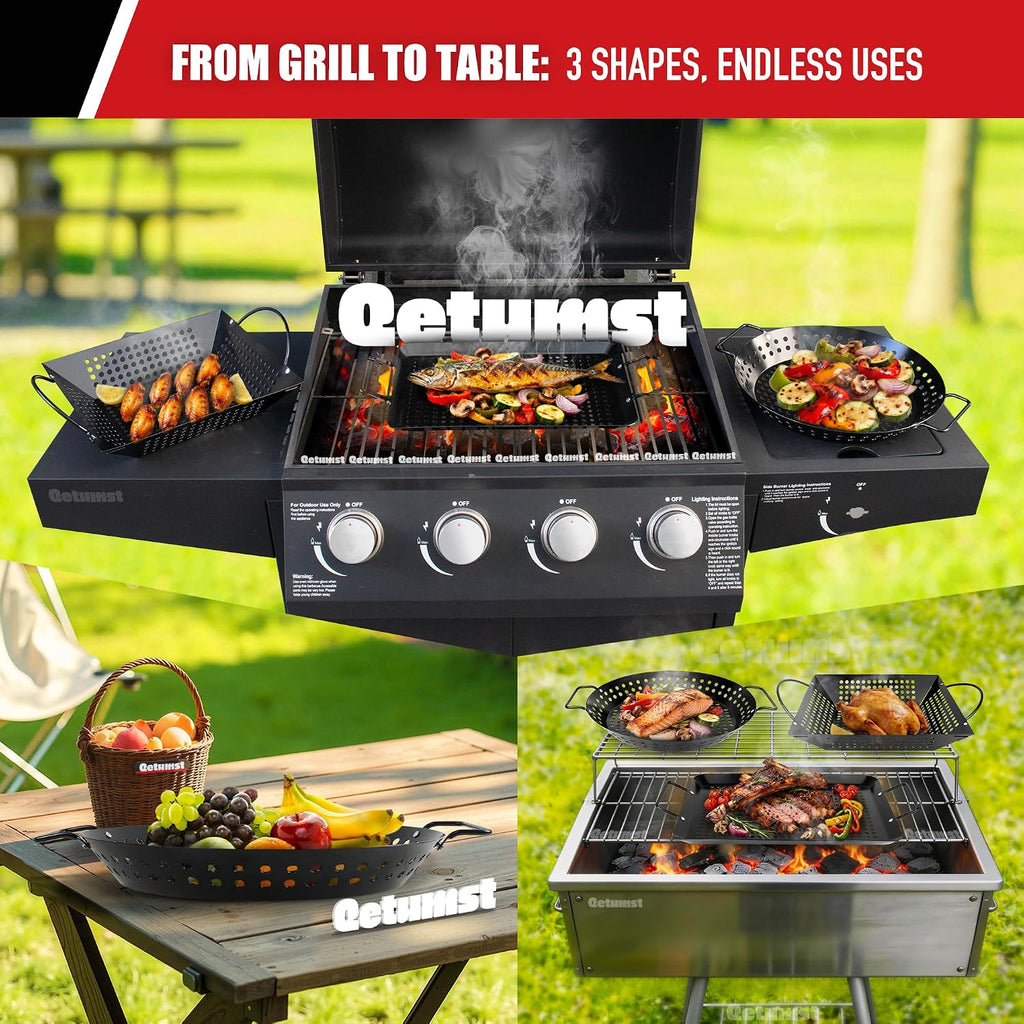 Qetumst Large 3 PCS Grill Basket Set for Outdoor Grill, Veggie Grilling Pan | Heavy duty grilling accessories. Vegetable grill baskets for veggies, seafood & meat. Warp resistant grill pan with handles.