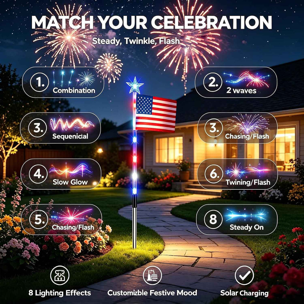8 Pack Solar American Flag Pathway Lights - Patriotic Red White Blue Outdoor Stake Waterproof LED Lights with 8 Modes, Decorations 4th of July Memorial Day & Independence Day Yard Garden (Style A)
