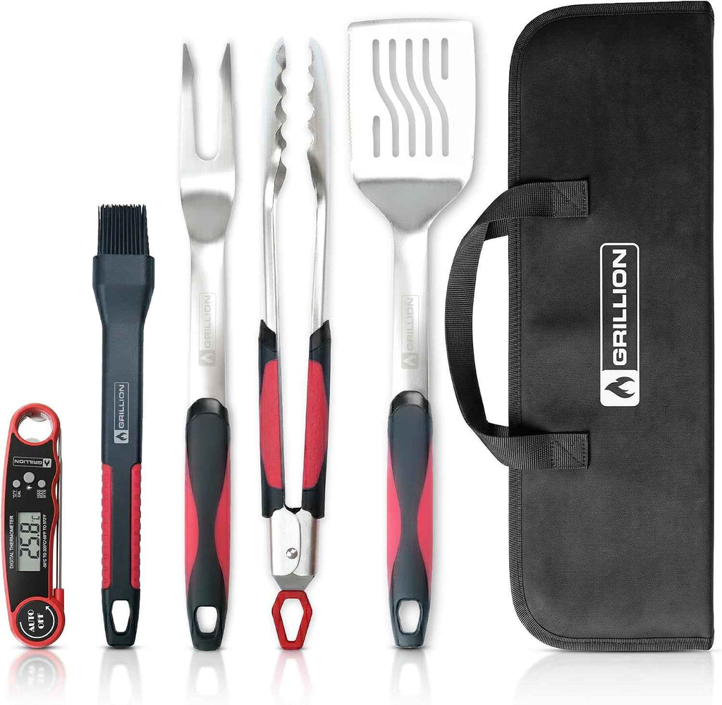 5PCS Grilling Tools for Outdoor Grills - Premium Grilling Utensil Set - Spatula, Tongs, Fork, Thermometer & Brush with Carrying Bag - BBQ Grill Sets for Men - BBQ Grill Accessories Gifts