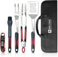 5PCS Grilling Tools for Outdoor Grills - Premium Grilling Utensil Set - Spatula, Tongs, Fork, Thermometer & Brush with Carrying Bag - BBQ Grill Sets for Men - BBQ Grill Accessories Gifts