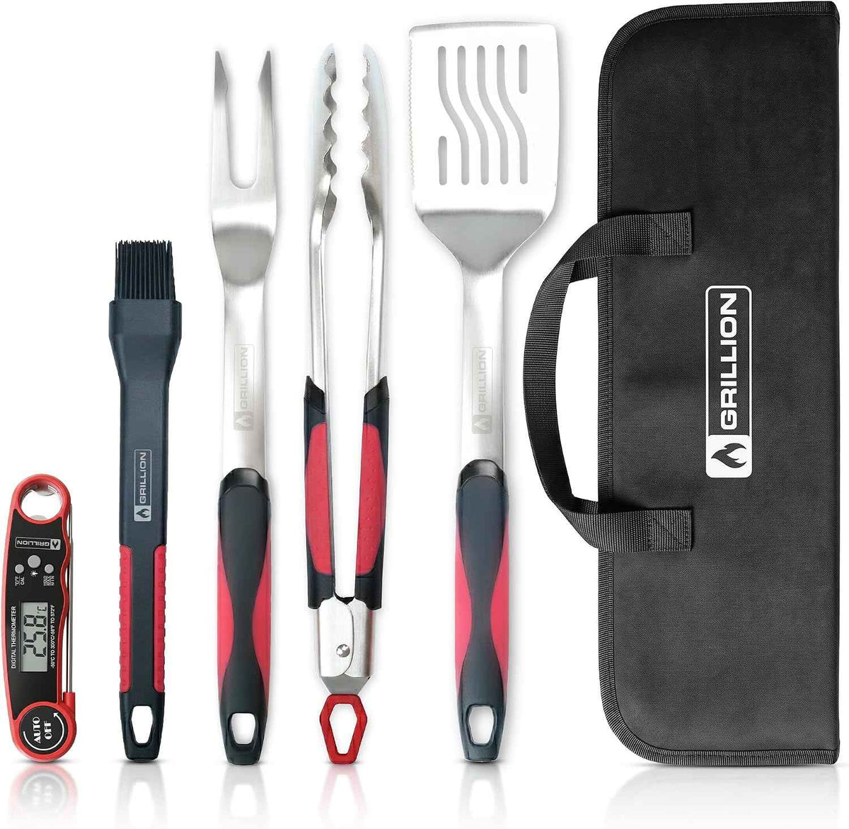 5PCS Grilling Tools for Outdoor Grills - Premium Grilling Utensil Set - Spatula, Tongs, Fork, Thermometer & Brush with Carrying Bag - BBQ Grill Sets for Men - BBQ Grill Accessories Gifts