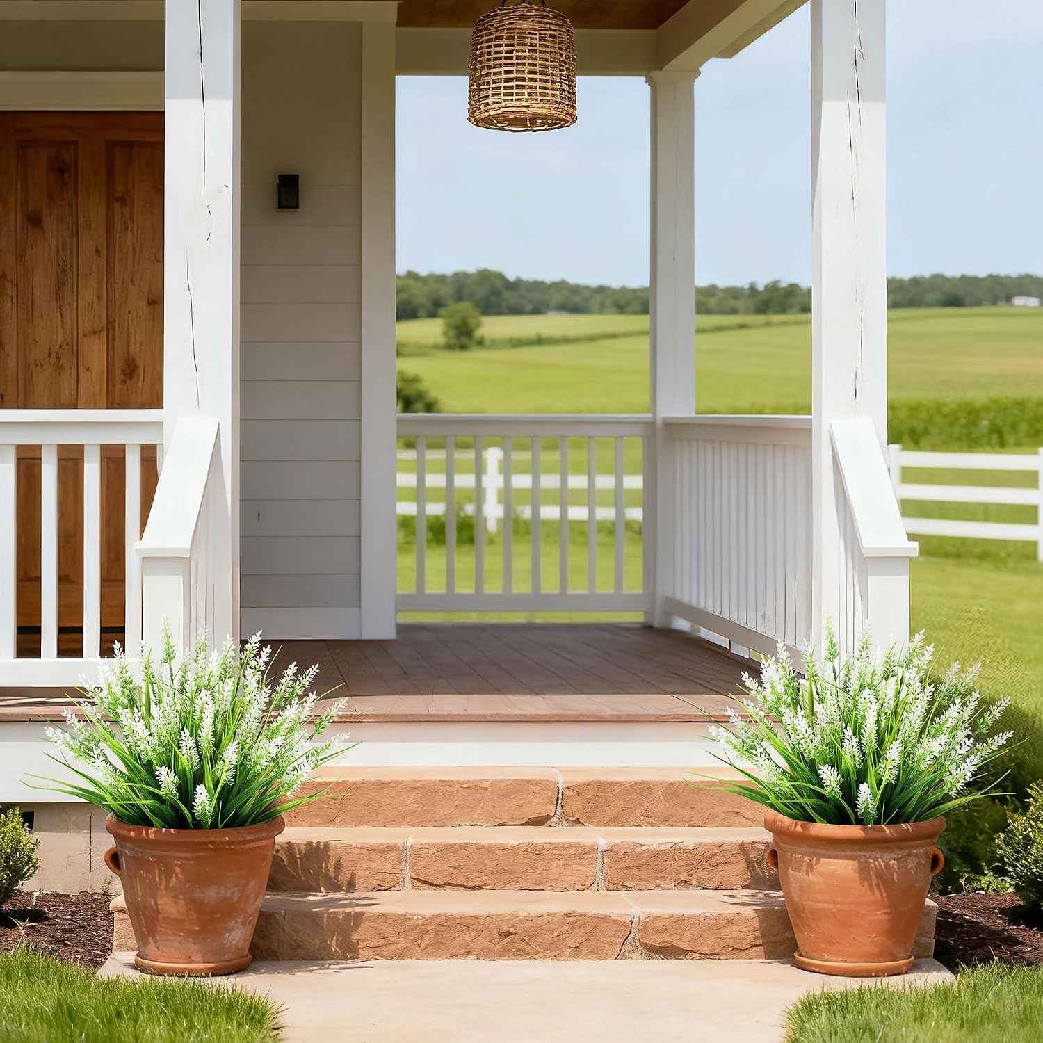 16PCS Artificial Flowers Outdoor, Fake White Monkey Grass Plants | UV Resistant, Plastic, Planter Filler for Hanging Baskets, Window Boxes & Planters, Porch, Patio Outdoor Decor