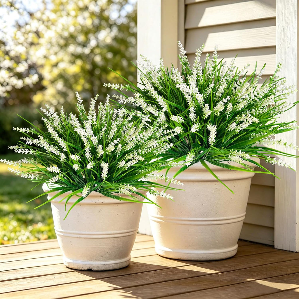 20Pcs Fake Plants Artificial Flowers Monkey Grass for Outdoors，UV Resistant Realistic White Artificial Plants Outdoor，No Fade Greenery Shrubs Outside Decor for Courtyard Porch Patio Garden