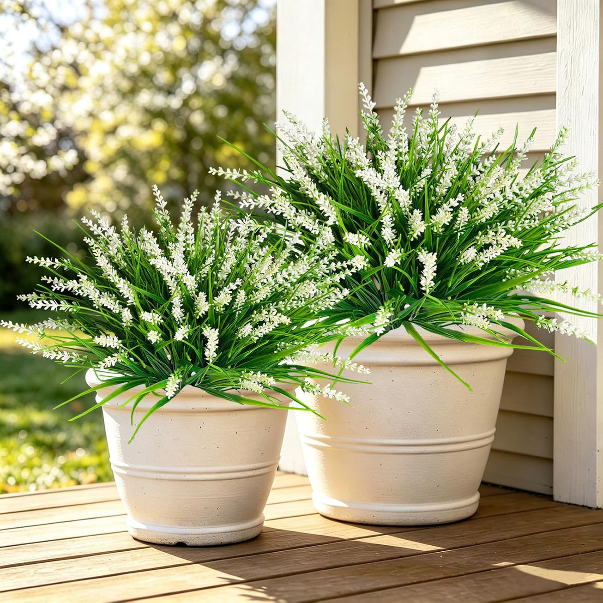 20Pcs Fake Plants Artificial Flowers Monkey Grass for Outdoors，UV Resistant Realistic White Artificial Plants Outdoor，No Fade Greenery Shrubs Outside Decor for Courtyard Porch Patio Garden