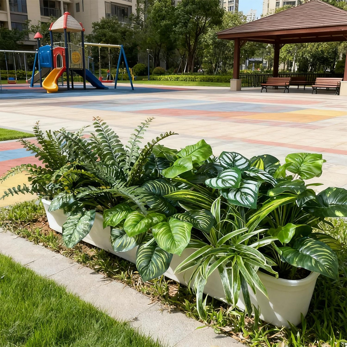 Large Realistic Faux Outdoor Plants, Artificial Greenery Set | Silk Leaves, UV Resistant Plastic Stems, Patio, Porch, Garden Decor, Lifelike Plants for Planters and Front Door Decorations