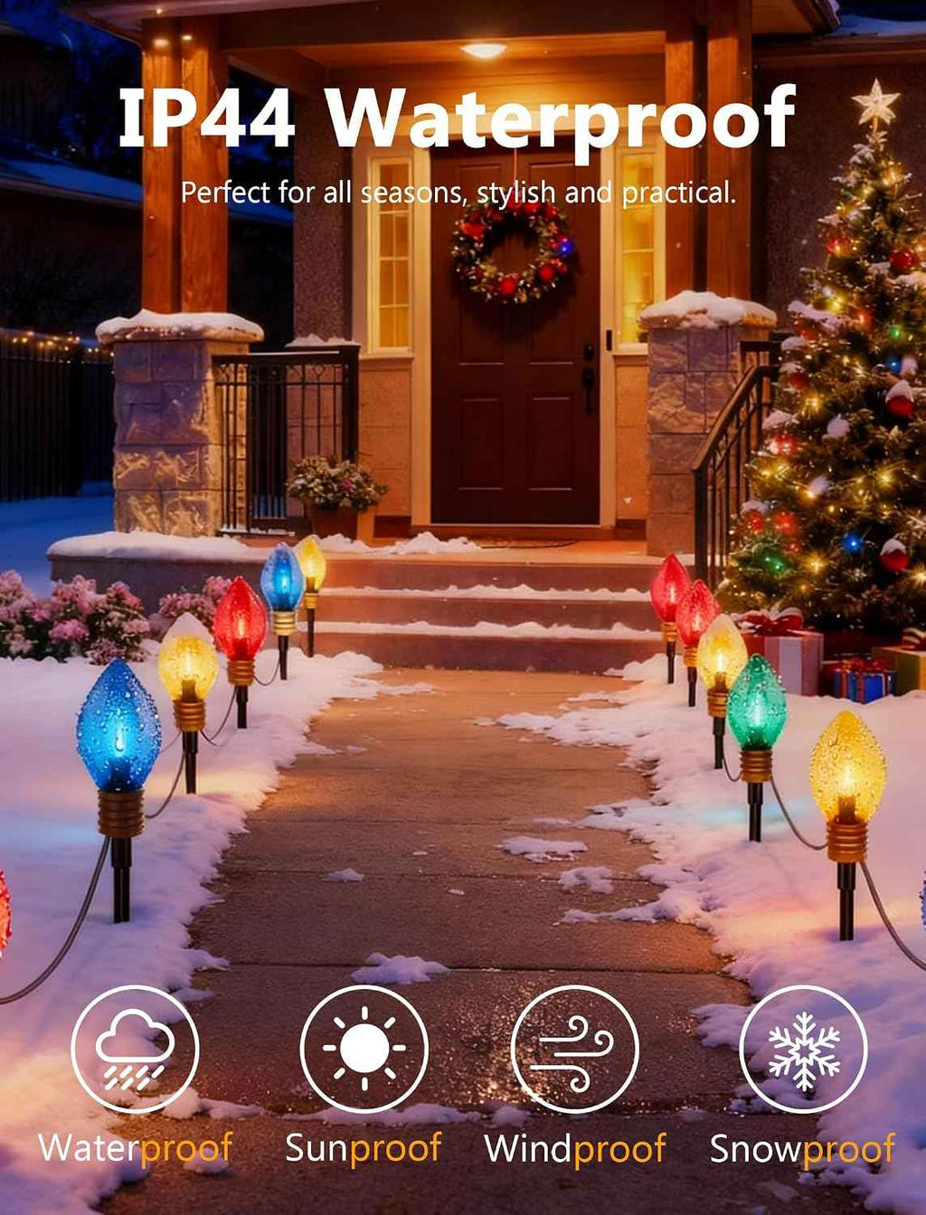 C9 Jumbo Christmas Pathway Lights Outdoor, 6.5Ft Christmas Decorations with 4 7.5'' LED Giant Multicolor Walkway Lights Bulb Waterproof, Vintage Xmas String Light for Lawn Holiday Outside Yard Garden