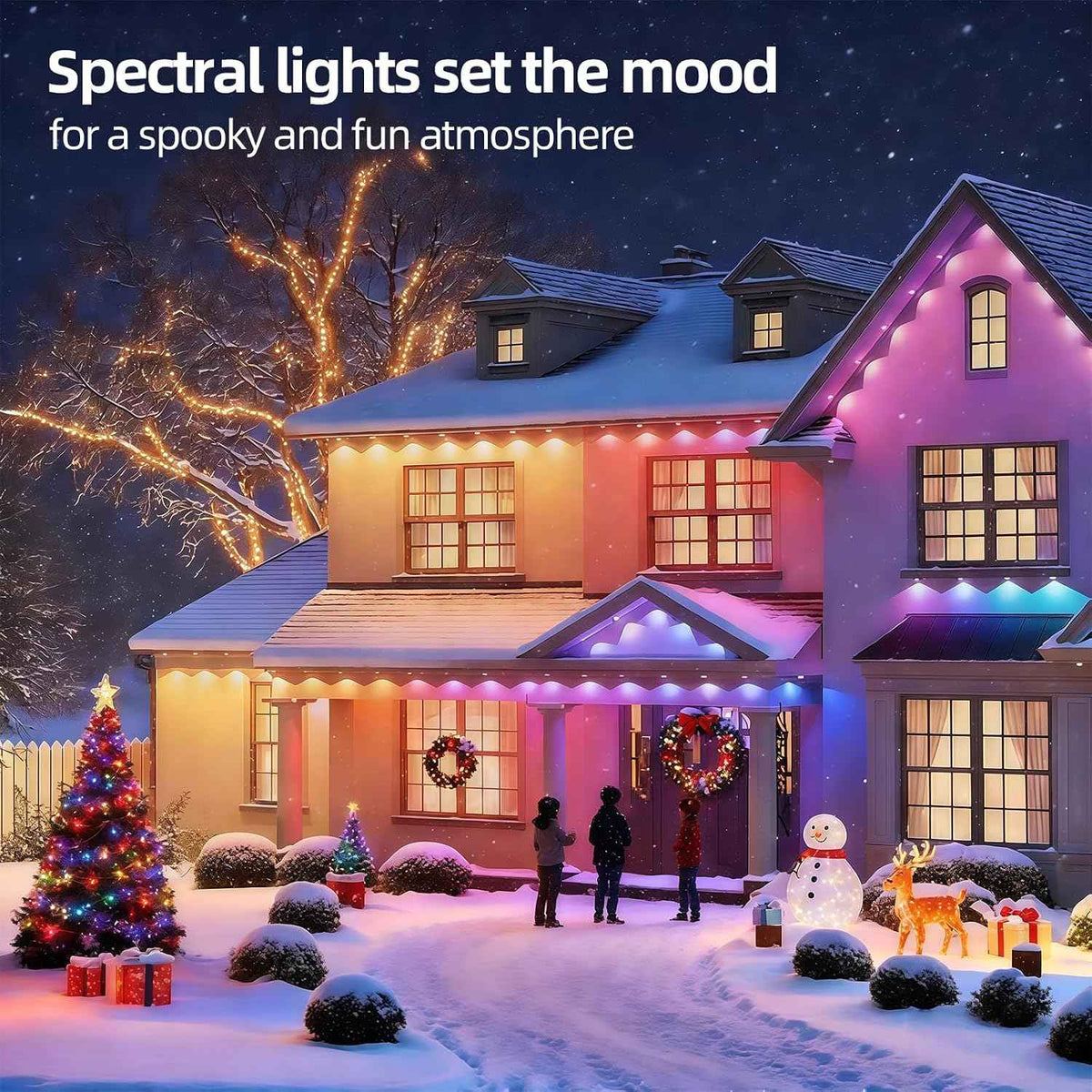 AHAWILL IP67 Permanent Outdoor RGB Lights for Halloween Decor(100ft) | Waterproof outdoor string eaves lights with remote&APP, 100ft 48led,Accent Lighting for Christmas Decor