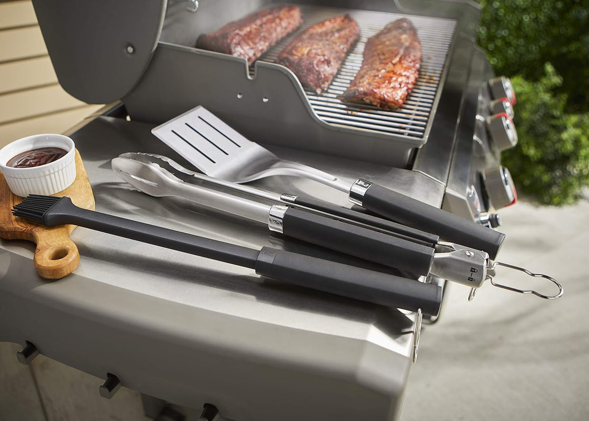 Weber® Precision Grilling Tool Set, 3‑Piece | Weber® Stainless-Steel Tongs, Spatula & Silicone Basting Brush w/ Non‑Slip Handles & Hands‑Free Locking - Grill Accessory Kit
