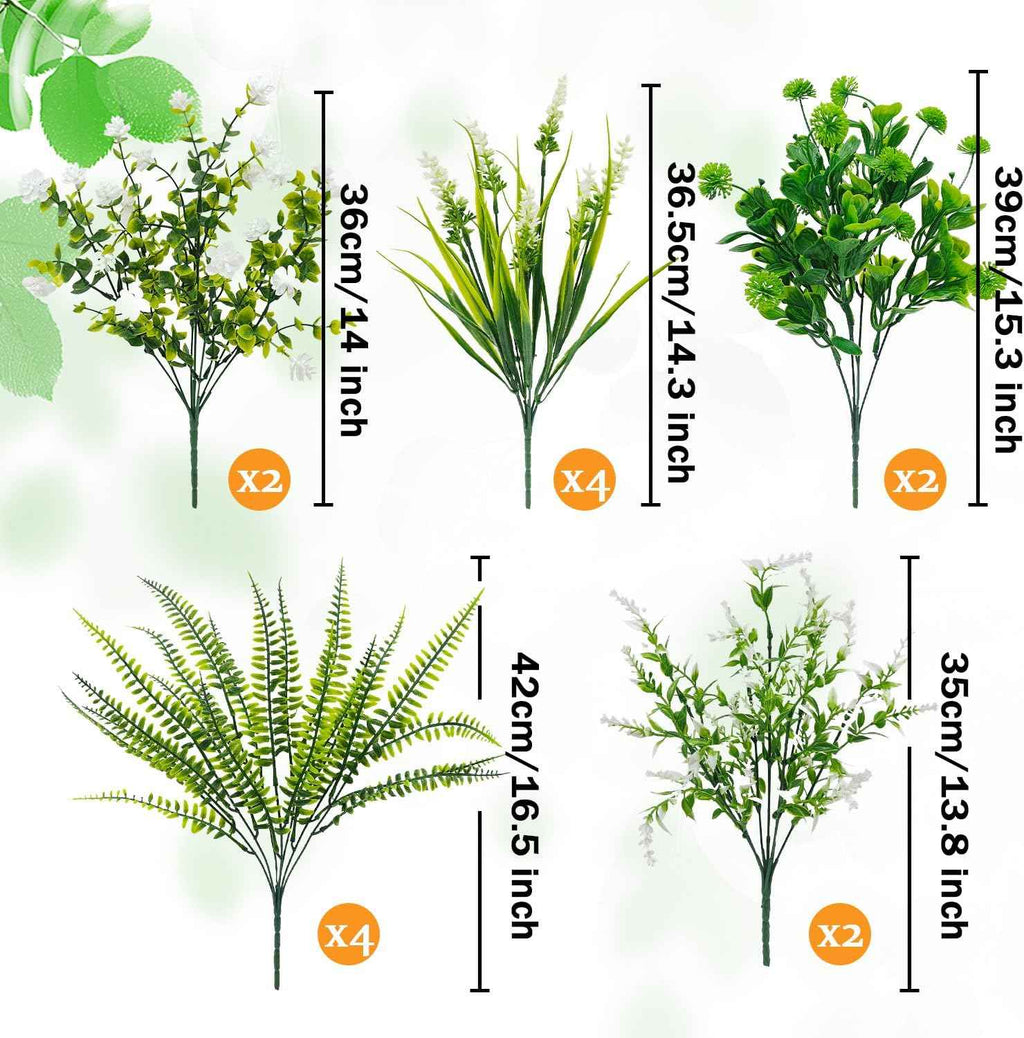 14 Bundles 5 Styles Fake Plants UV Resistant Artificial Outdoor Plant Boston Fern Lavender Plastic Flowers Greenery Shrubs for Outside Front Porch Balcony Patio Garden Home Decor