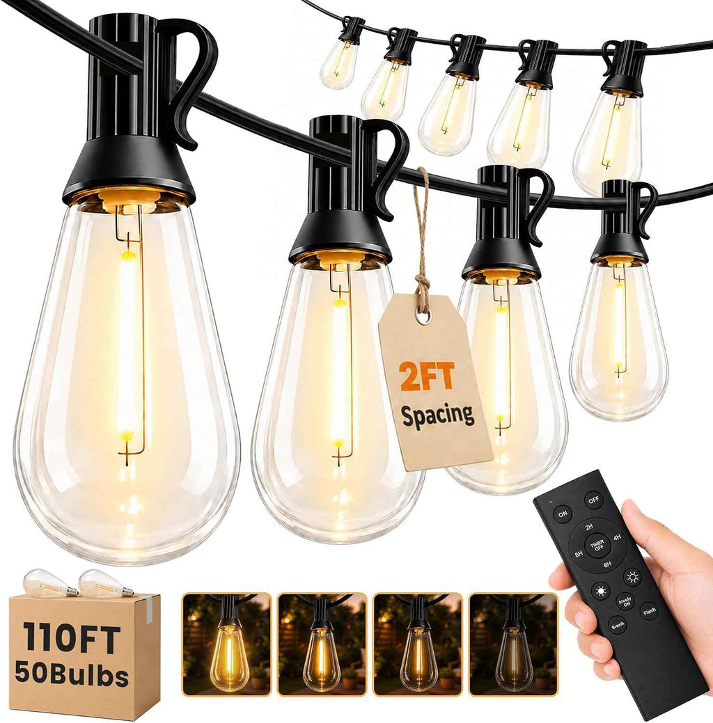 110FT(100+10) Outdoor LED String Lights with 2FT Bulb Spacing, Waterproof, Shatterproof, Dimmable, Warm White, 3 Lighting Modes, Timer, Plug in Hanging Backyard Lights for Outside, Patio