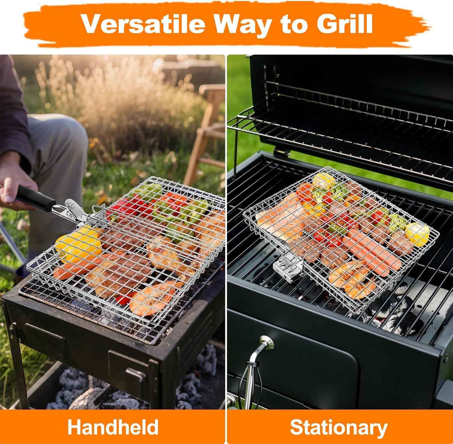 Fish Grill Basket for Outdoor Grill, Grilling Basket With Removable Handle, Portable BBQ Set Barbecue Rack for Shrimp Pork Veggies, Camping Grilling Accessories With Brush, Metal Skewers and Carry Bag