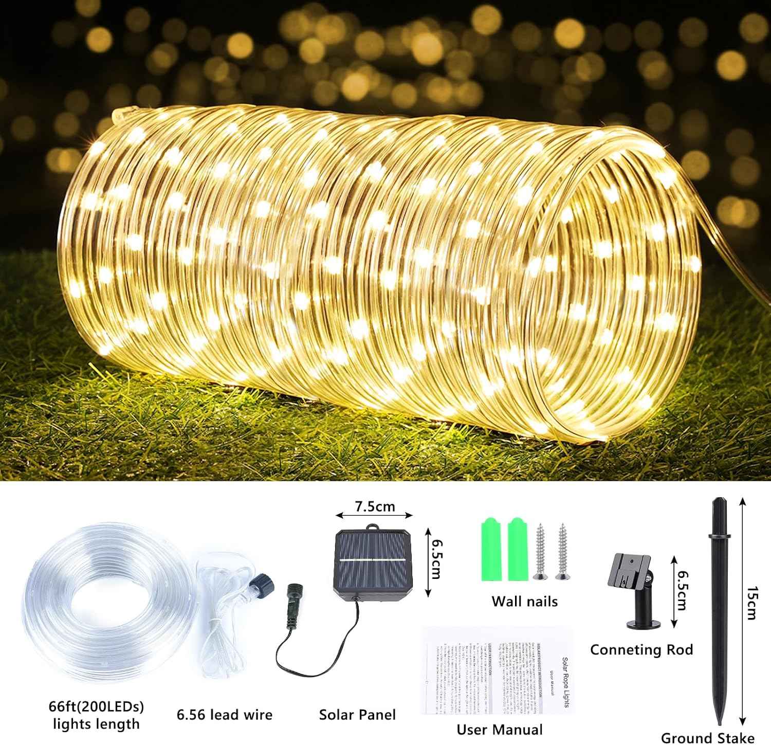 Solar Rope Lights, 66ft 200LED Solar String Lights, 8 Modes, Waterproof | Solar Outdoor Light, Flexible Clear Trampoline Light for Garden Backyard Patio Deck Porch Pool Tree Decorations - Warm White