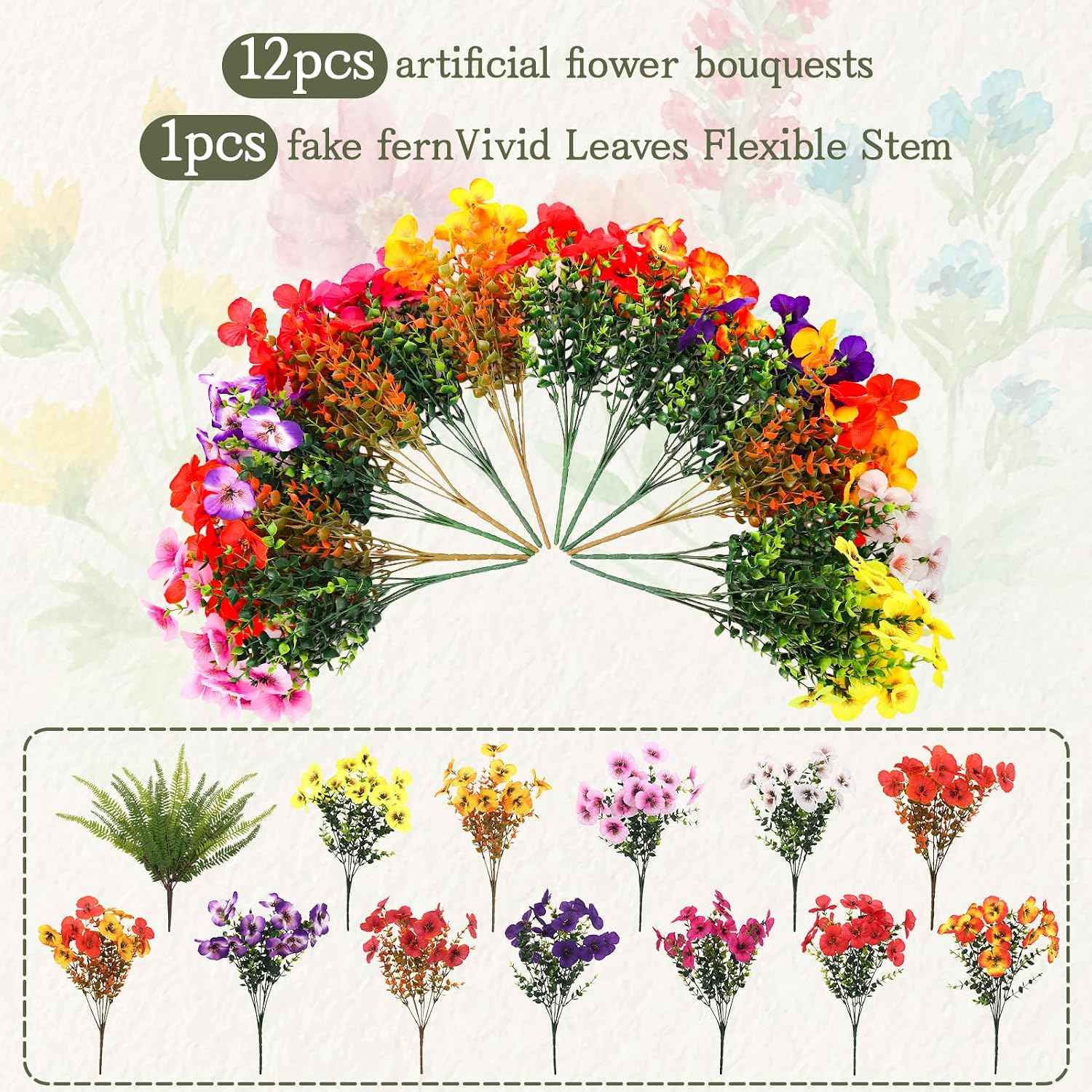 13 Bundles Artificial Flowers Fake Plants for Outside Indoor | Realistic Faux Greenery Outside Indoor, UV Resistant Fake Morning Glory Tall Ferns for Front Porch Window Box Garden Decor
