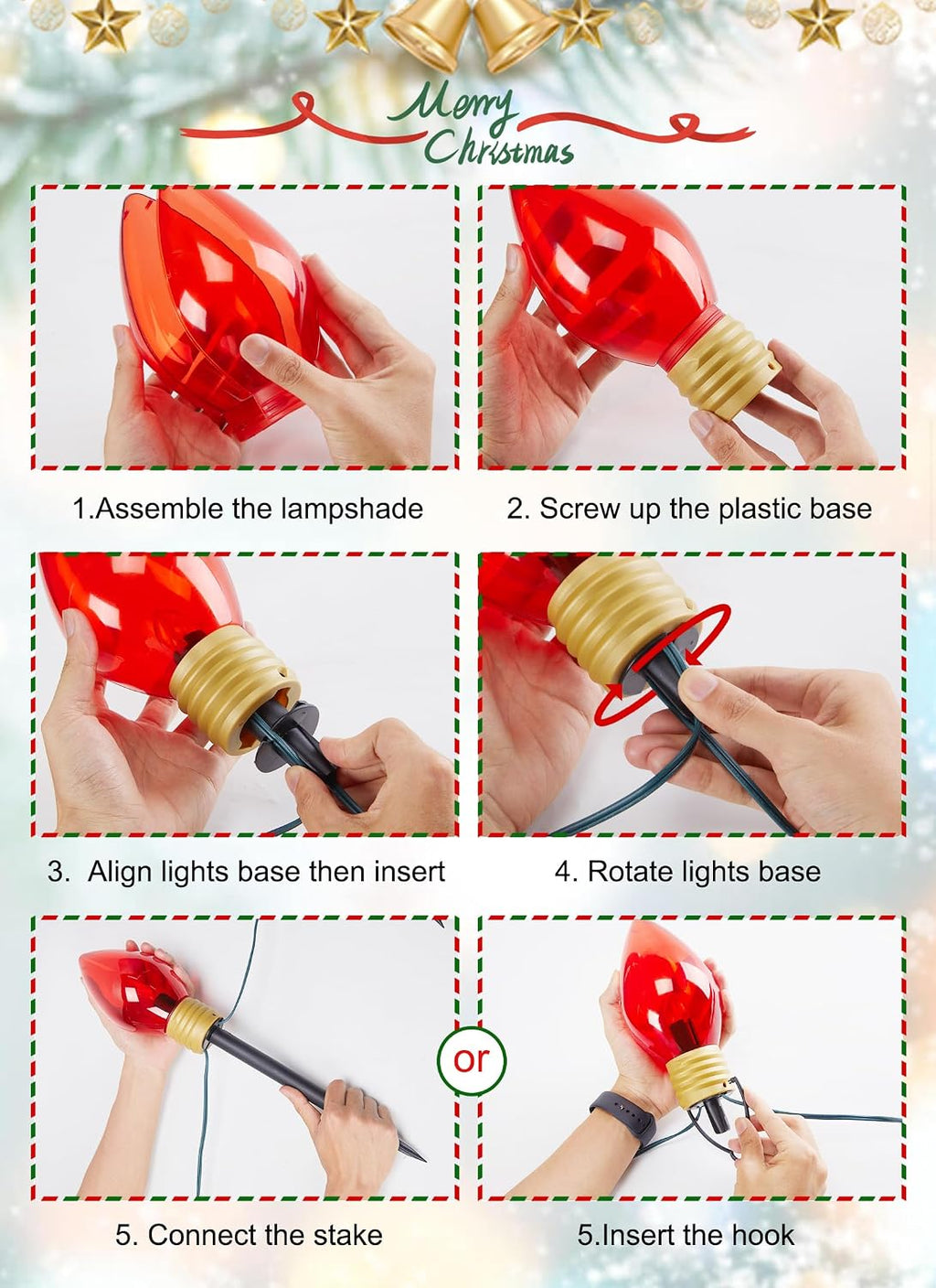 Jumbo C9 Christmas Lights Outdoor Decoration Lawn with Pathway Marker Stake | 8 Feet 5 LED C9 Pathway Lights Covered Multicolor Bulb, Connectable Waterproof Christmas Outside Decorations for Holiday Yard