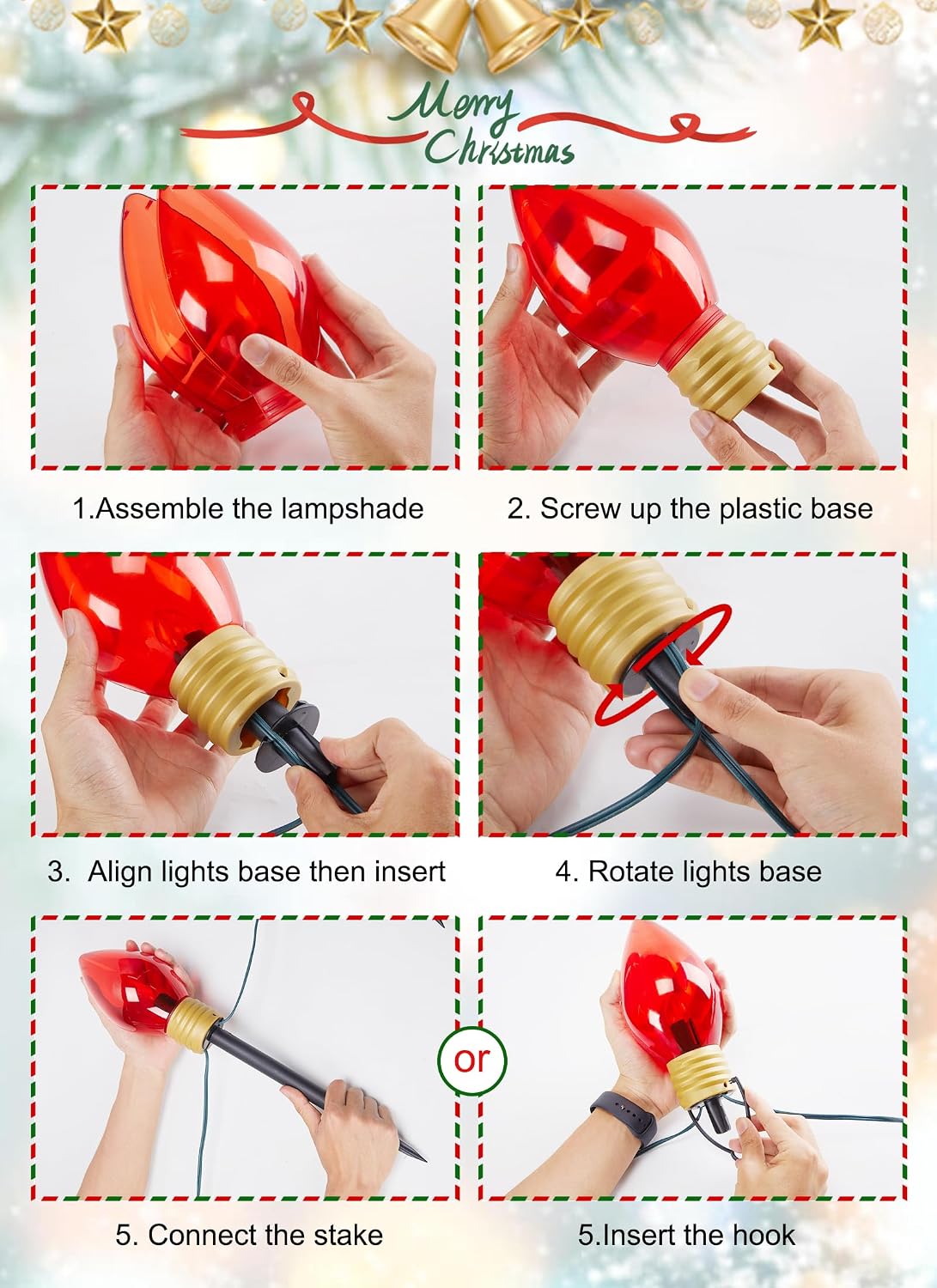 Jumbo C9 Christmas Lights Outdoor Decoration Lawn with Pathway Marker Stake | 8 Feet 5 LED C9 Pathway Lights Covered Multicolor Bulb, Connectable Waterproof Christmas Outside Decorations for Holiday Yard