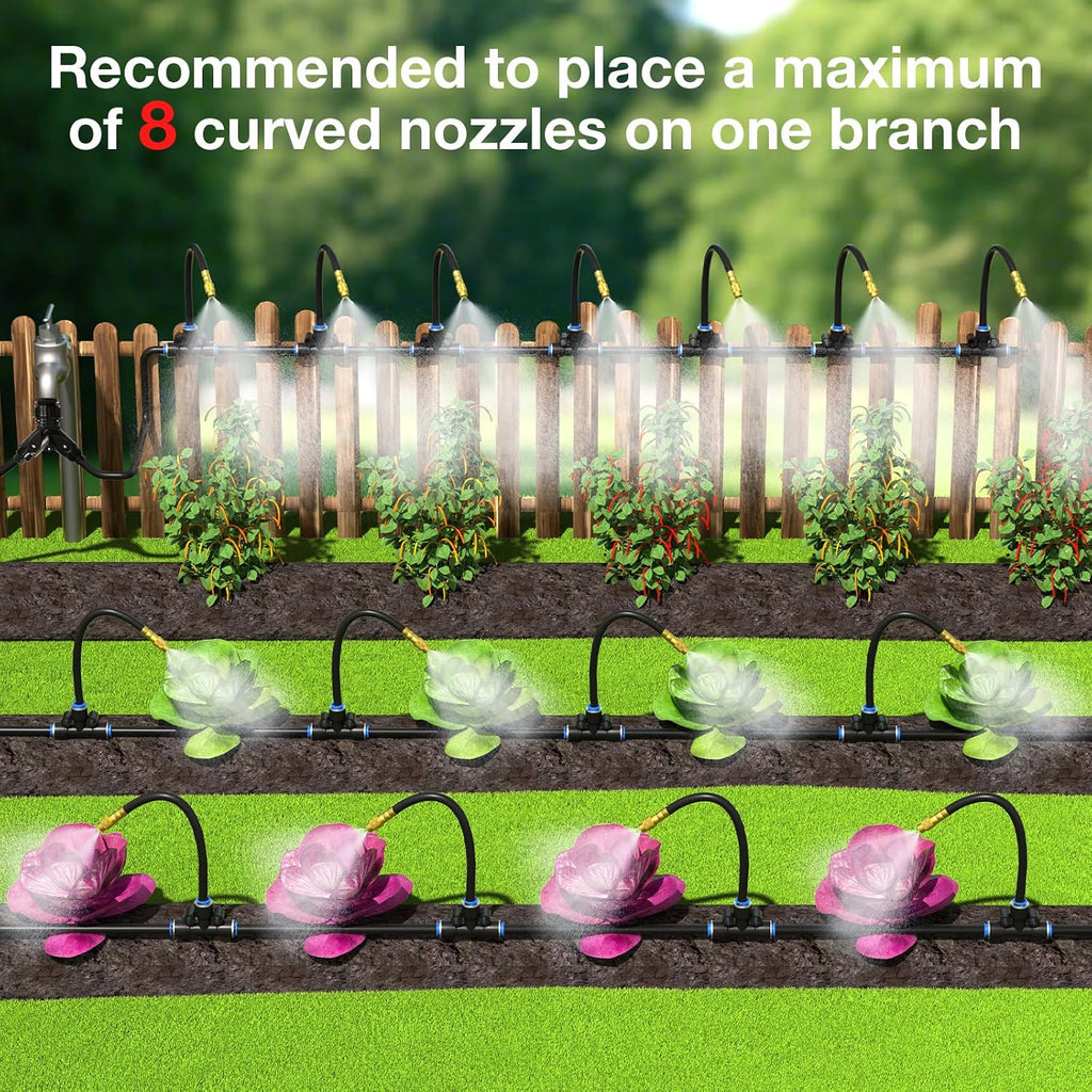 MIXC 360° Adjustable Drip Irrigation Nozzles for 1/4" Irrigation Tubing | 20 Bendable 7.8-Inch Nozzles, 20 Quick-Connect Tees, 1/4-Inch Size, Adjustable Mist-to-Stream Flow, Tubing Not Included