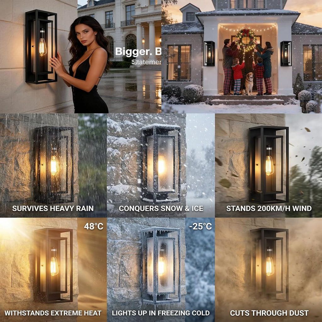 18 Inch 2 Pack Outdoor Wall Lantern Light Fixture，Large Black Exterior Wall Sconce with Clear Glass | Waterproof Anti-Rust Porch Light with E26 Socket for Entryway, Patio, Garage