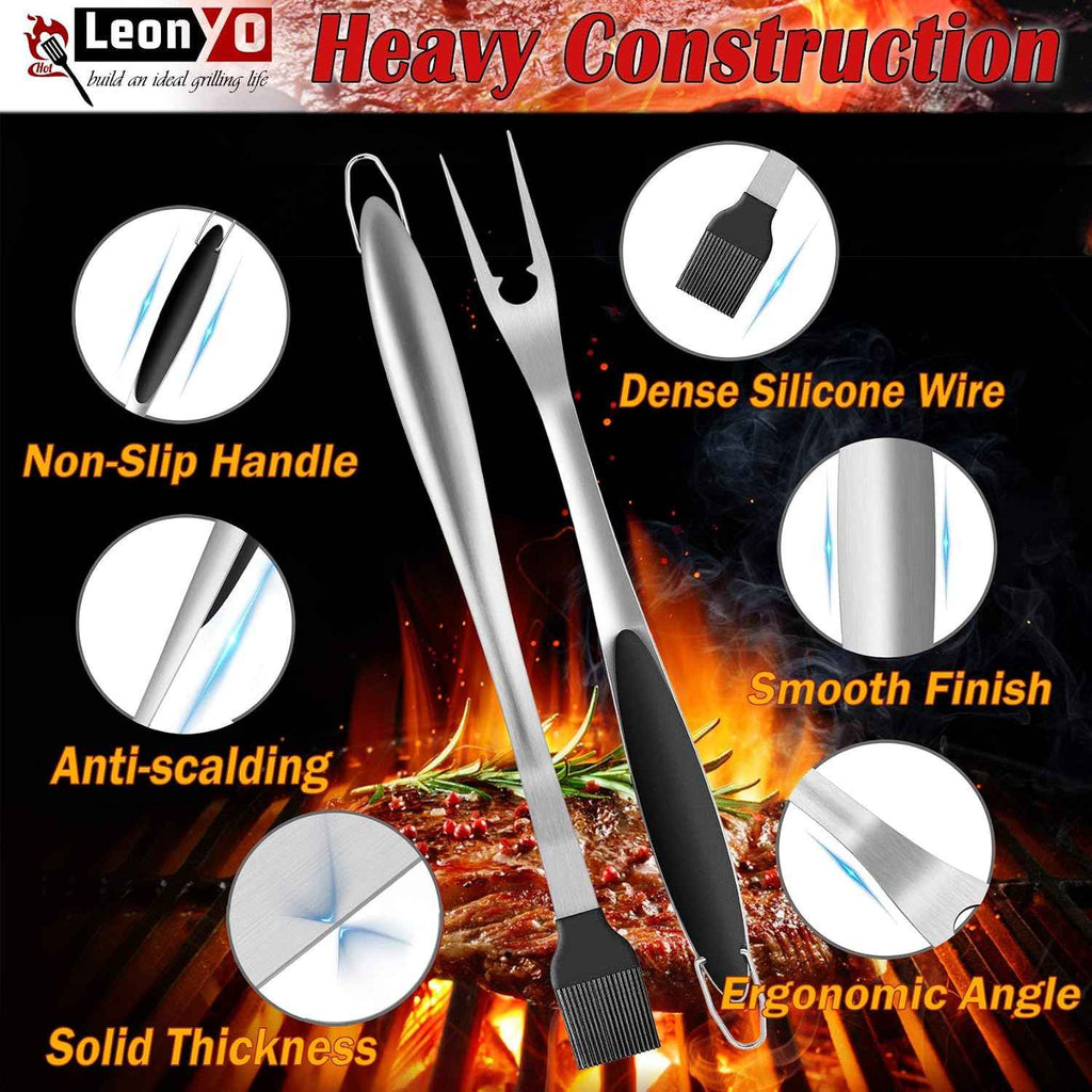 Leonyo Metal Barbecue Grilling Tools for Outdoor Grill Set of 6 | Stainless Steel 18IN Long Grilling Tools Grilling Accessories with Spatula Tongs Fork Basting/Cleaning Brushs