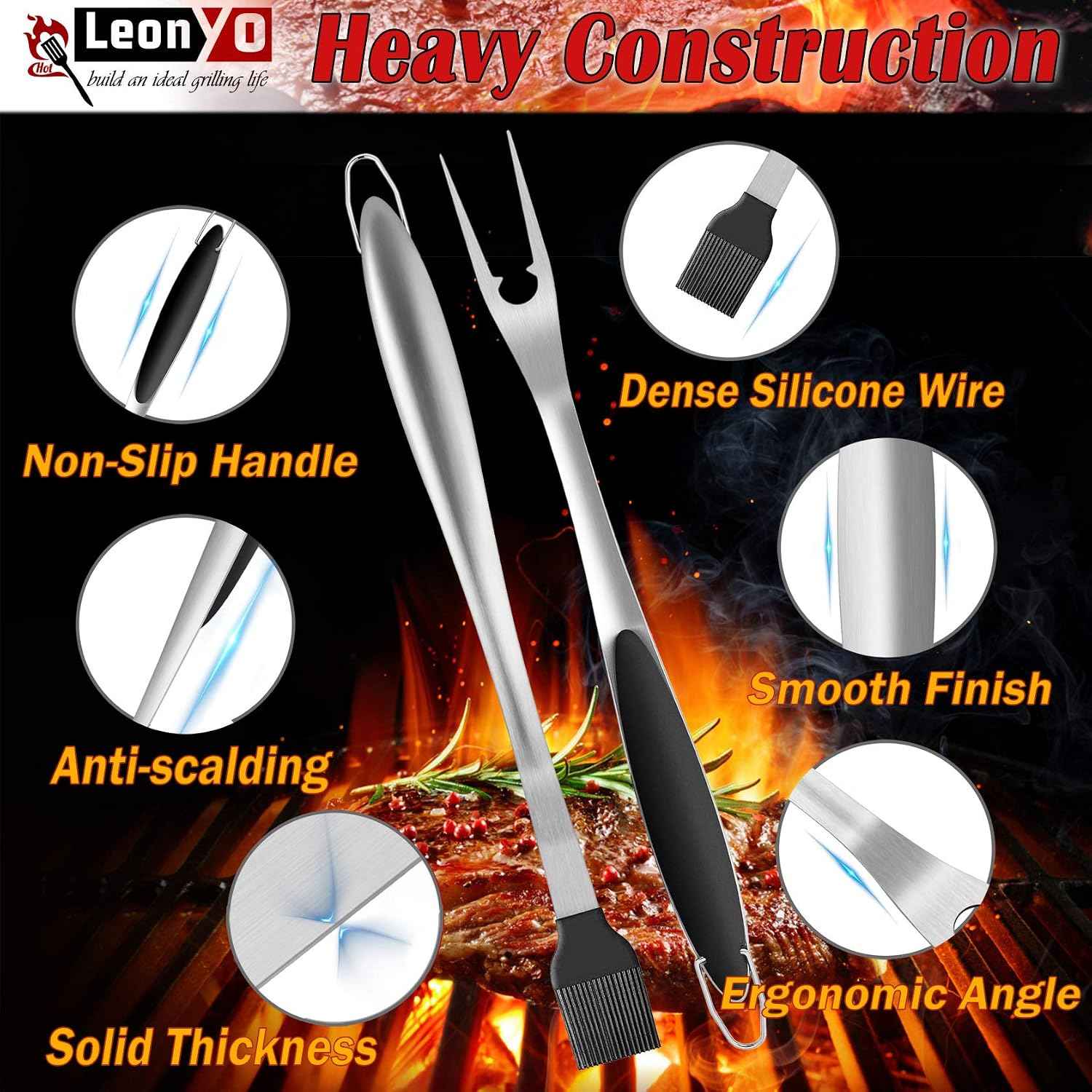 Leonyo Metal Barbecue Grilling Tools for Outdoor Grill Set of 6 | Stainless Steel 18IN Long Grilling Tools Grilling Accessories with Spatula Tongs Fork Basting/Cleaning Brushs