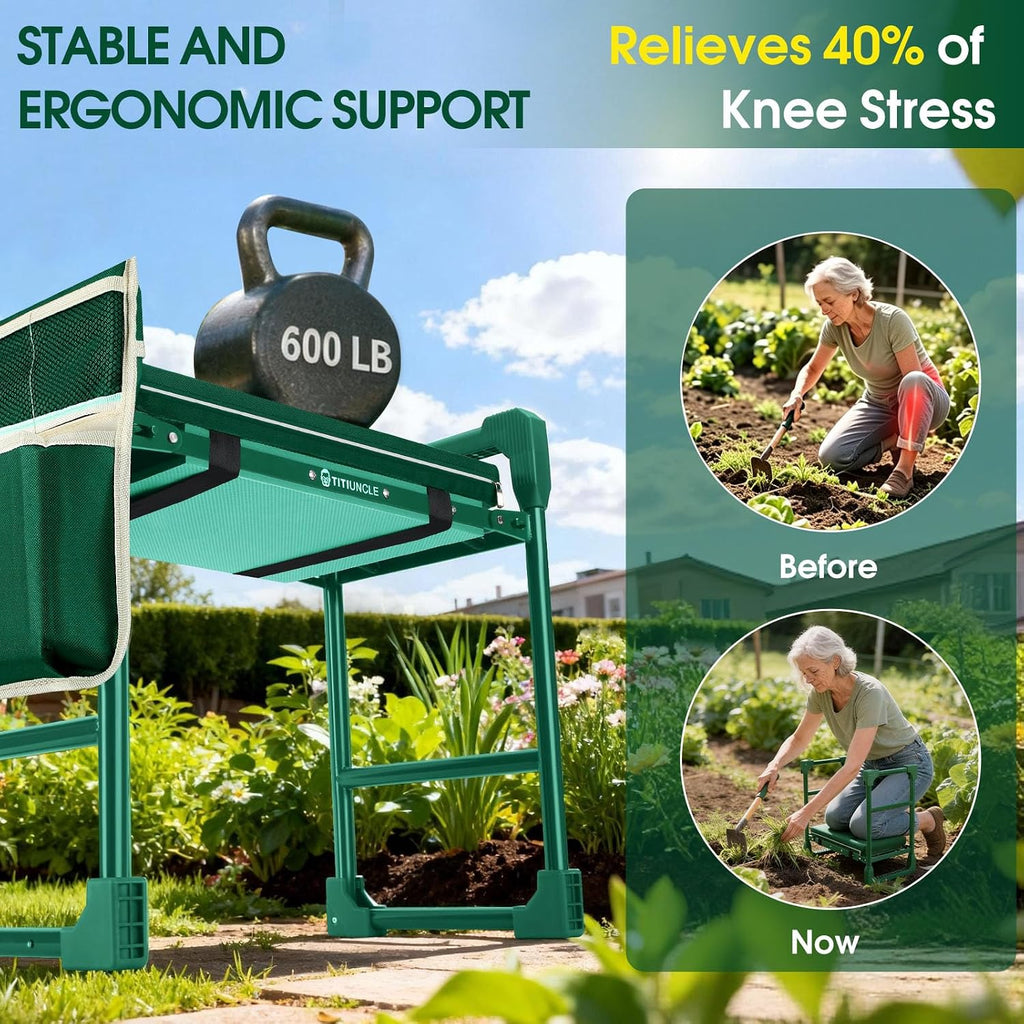 Garden Kneeler and Seat Heavy Duty 600LBS w/ Thicken Wide Soft Kneeling Pad | Foldable Garden Bench Kneeler Anti-Tip Gardening Stool, Tool Pouch Bag|Extendable Legs, Gifts for Seniors Gardeners Women Men