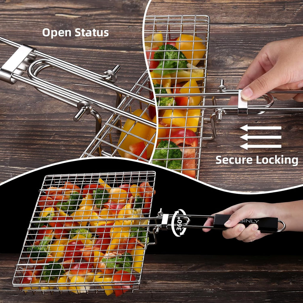 Eisinly BBQ Grilling Basket for Outdoor Grill with Removable Handle | Portable Grill Basket, Stainless Steel Camping Cooking Grill Accessories for Chicken Fish Vegetable, Easy to Clean
