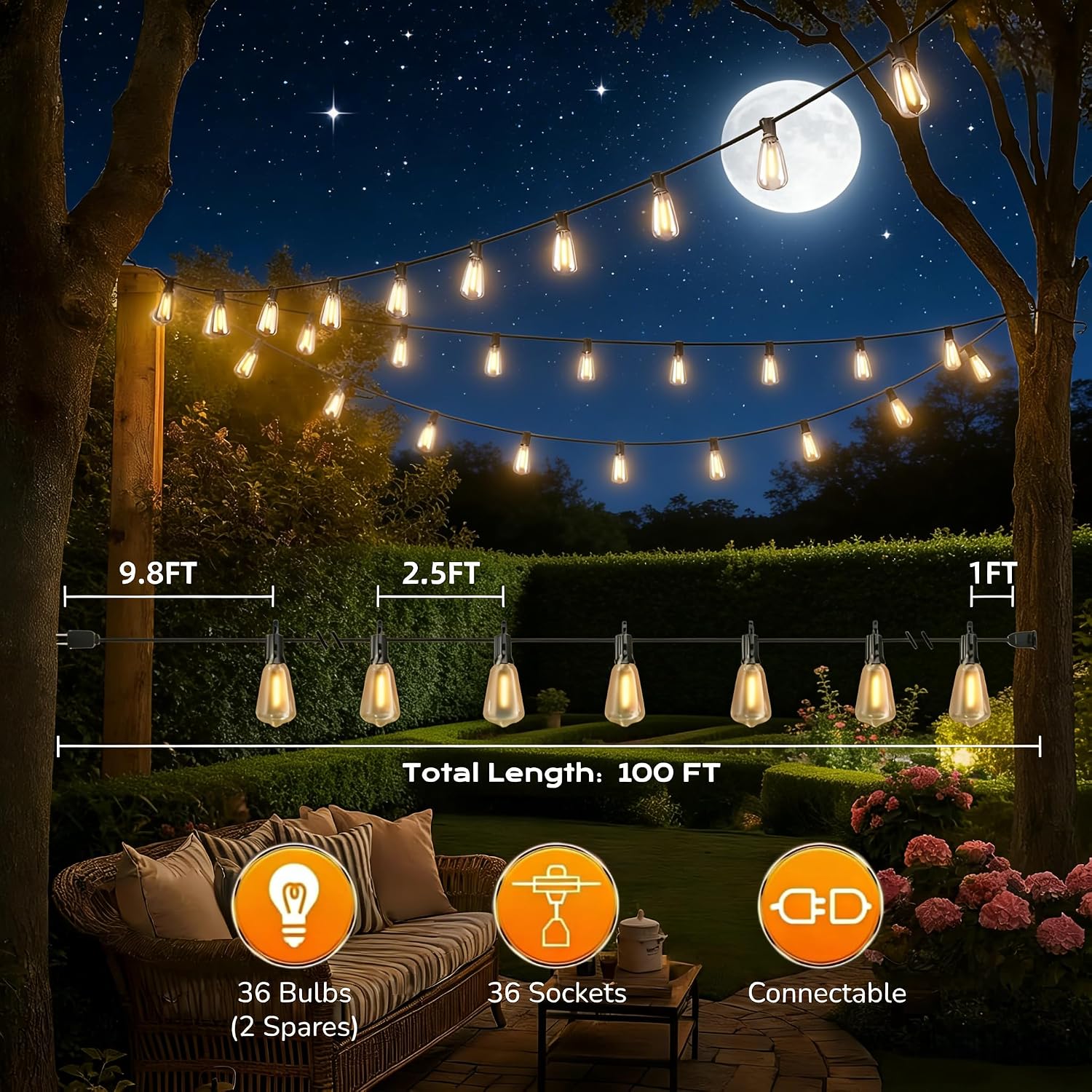 GPATIO Outdoor String Lights, 100FT ST38 Bulbs Shatterproof Patio Lights, Waterproof Dimmable Outside Hanging Light, Connectable LED Outdoor Lights for Backyard, Porch, Party, Garden, Home Decor