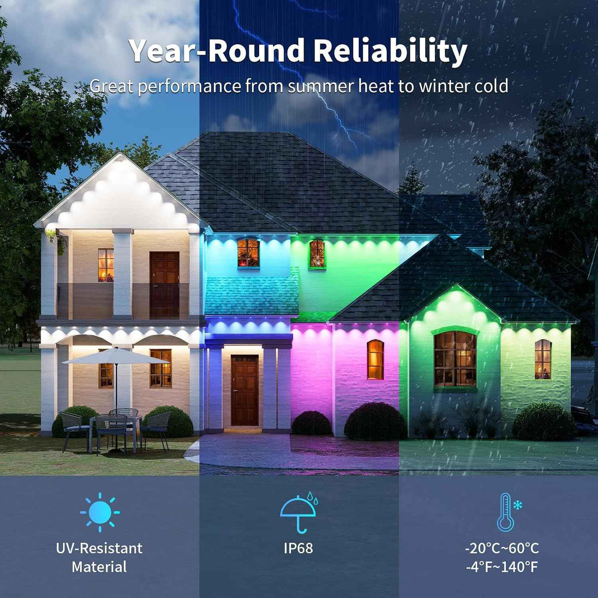 Permanent Outdoor Lights RGB 100FT/50LEDs Eaves String | IP68 Waterproof Music Sync Lights with Remote&APP Control Suitable for Holiday Christmas Garden Party Decor