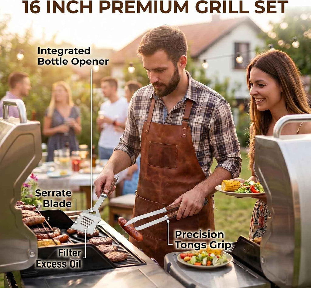 RINPIR 21pcs BBQ Grill Accessories Set with 21” Reusable Meat Blanket Brown | Father’s Day Grilling Gifts for Men Dad, Stainless Steel Grill Tools Utensils Kit in Aluminum Case for Outdoor Camping