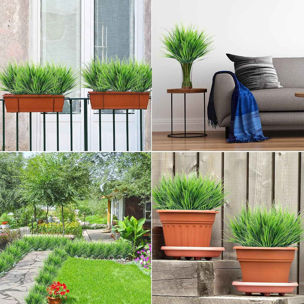 Ouddy Decor 12 Pcs Artificial Plants Outdoors Fake Greenery Stems, Green | Fake wheat grass, realistic, plastic shrubs, UV resistant, patio garden yard porch window planter box indoor home decor