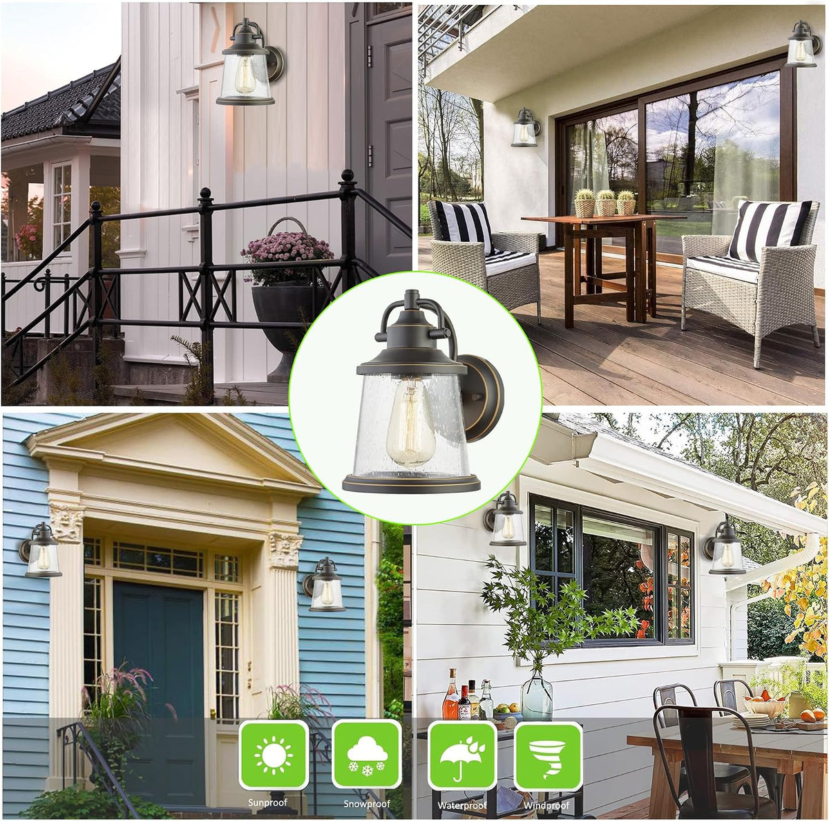 GRUENLICH Outdoor Wall Light Fixture, Seeded Glass, Oil Rubbed Bronze | Large Exterior Porch Light Wall Sconce Lantern for House, Patio, Garage, Anti-rust Metal, Waterproof, E26 Socket