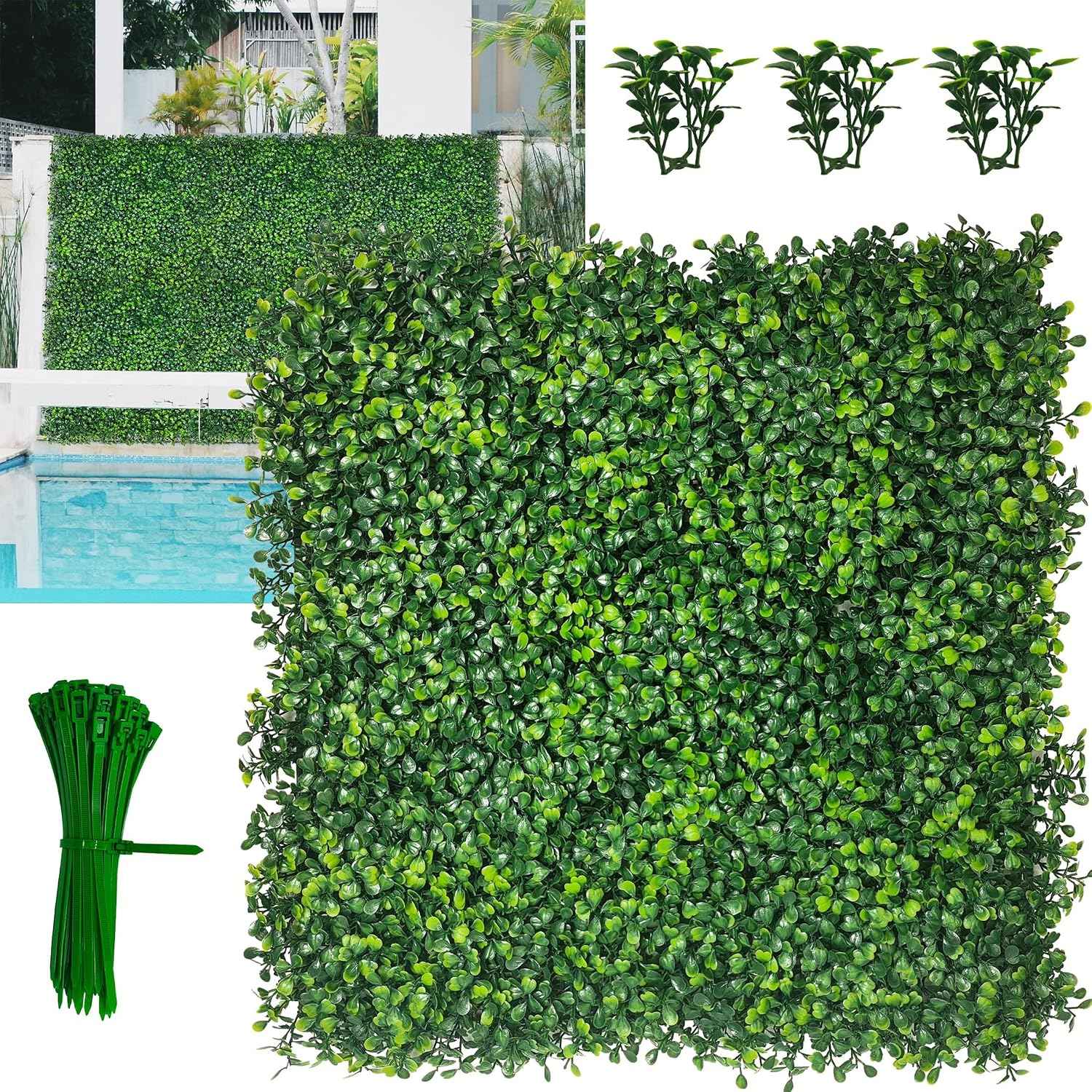 10"x 10"(16 P), UV-Anti Artificial Grass Wall Panel, 4-Layer Leaf | Faux Boxwood Greenery, Indoor Outdoor Patio Balcony Occlusion, Ivy Fence Covering Privacy, Garden Backyard Backdrop Decor