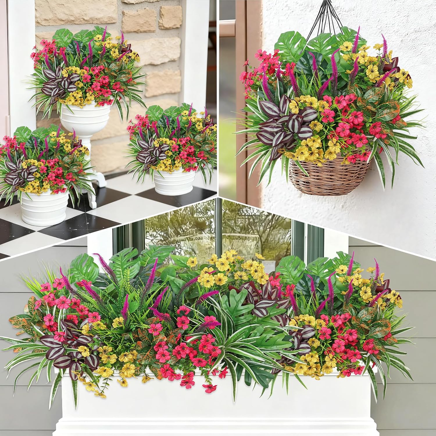 Dremisland 20 Bundles Fake Flowers Artificial Plants for Outdoors UV Resistant Faux Greenery Stems Silk Flowers Realistic Plastic Ferns Shrubs Plants for Planter Garden Patio Window Box Home Decor