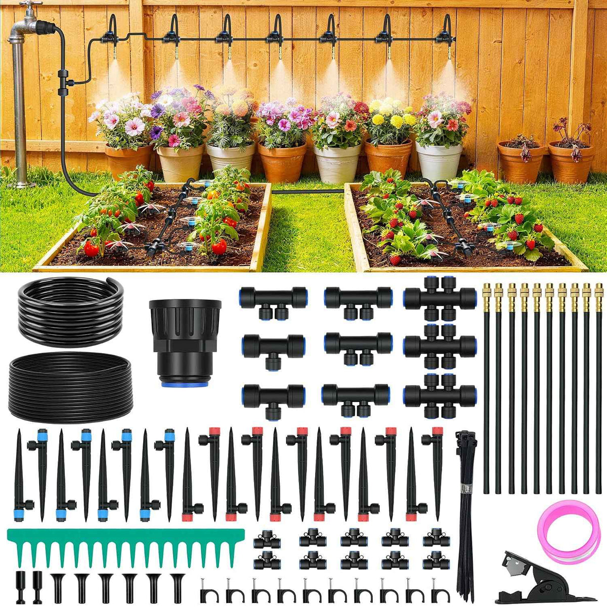 100FT Drip Irrigation Kit with 30 Emitters, 3 Spray Types, Push-Fit System | Quick-connect Fittings, Save water, Leak-free, Automatic Plant Watering Sprinkler System for Greenhouse, Potted, Raised Bed