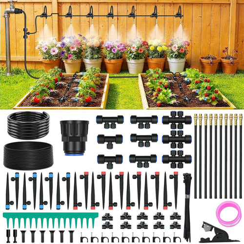 100FT Drip Irrigation Kit with 30 Emitters, 3 Spray Types, Push-Fit System | Quick-connect Fittings, Save water, Leak-free, Automatic Plant Watering Sprinkler System for Greenhouse, Potted, Raised Bed