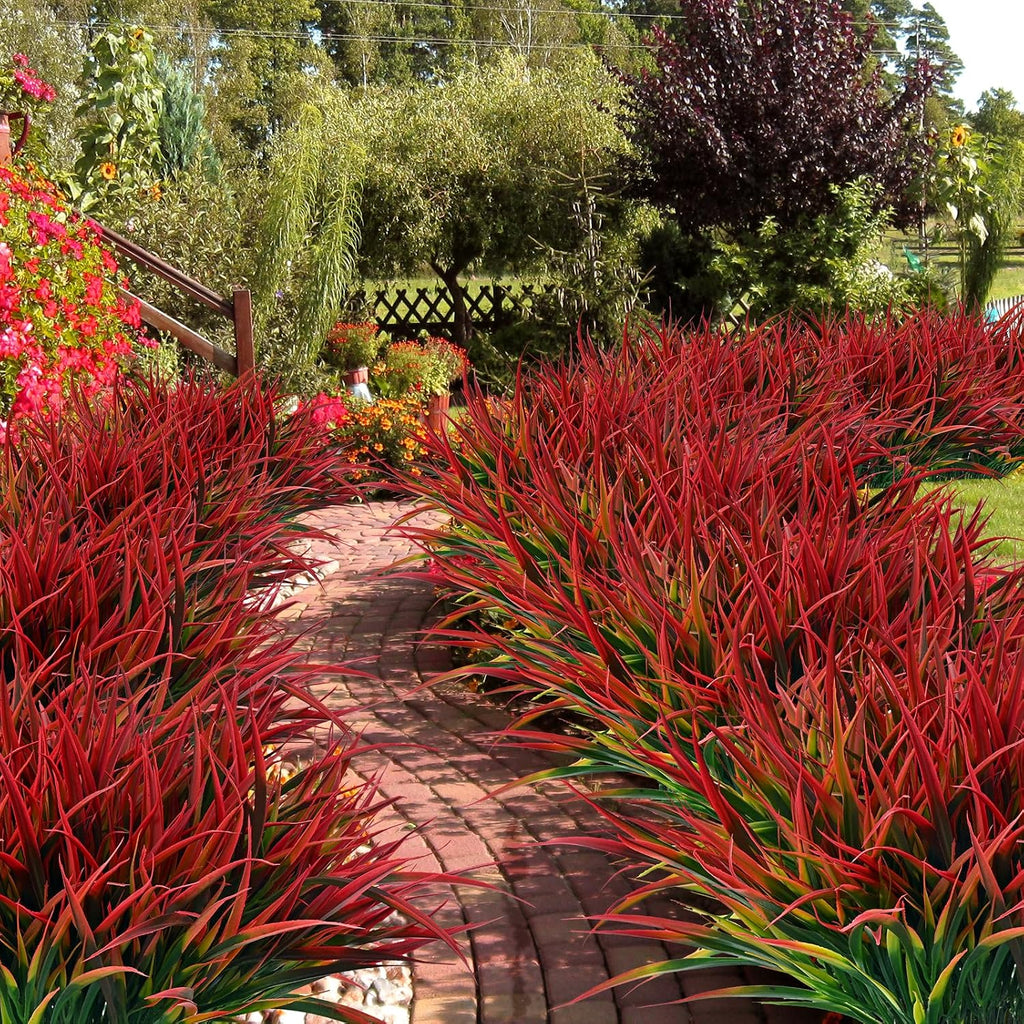 Waipfaru 12 Bundles Fake Plants Outdoor Artificial Grass Greenery Stems UV Resistant Faux Plants Shrubs for Home Garden Pathway Window Box Front Porch Spring Summer Decor (Gradient Red)