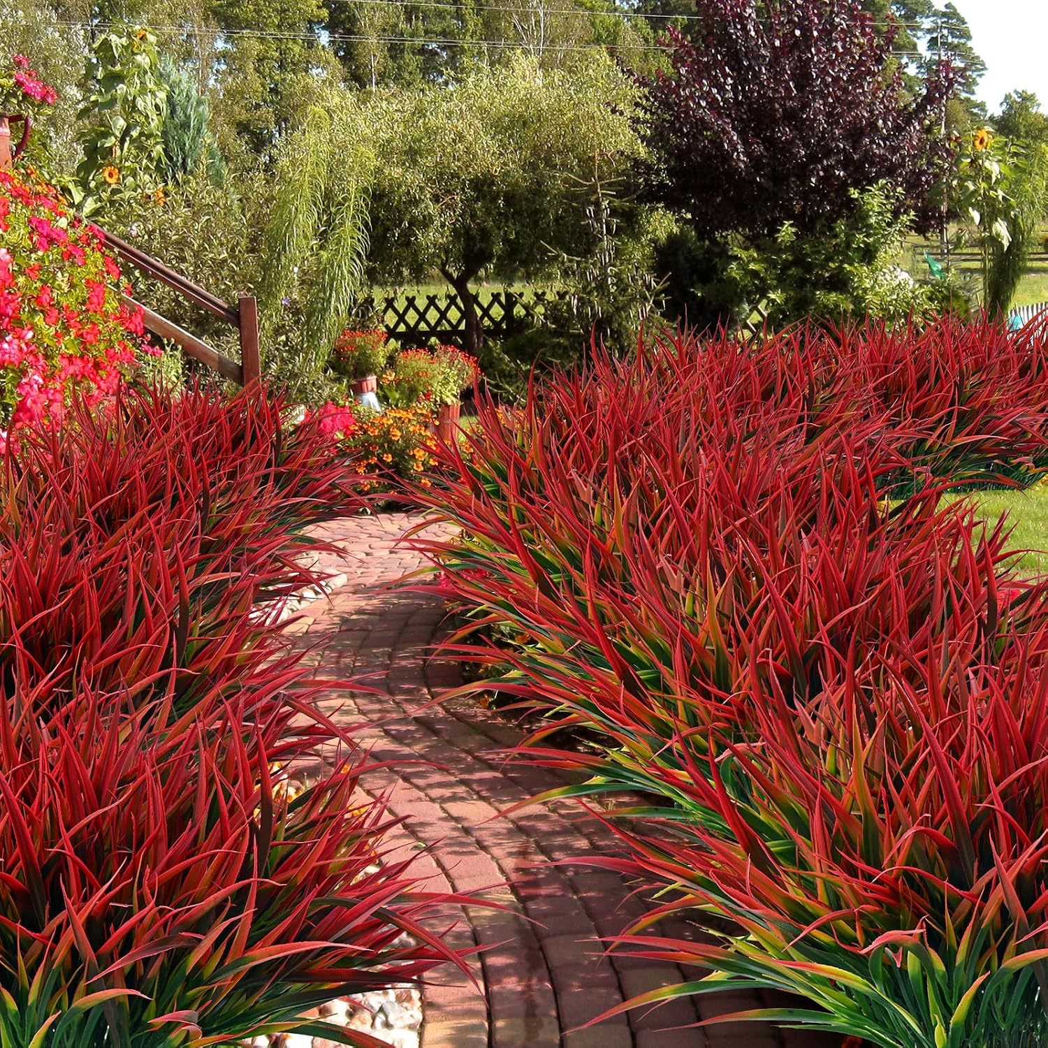 Waipfaru 12 Bundles Fake Plants Outdoor Artificial Grass Greenery Stems UV Resistant Faux Plants Shrubs for Home Garden Pathway Window Box Front Porch Spring Summer Decor (Gradient Red)