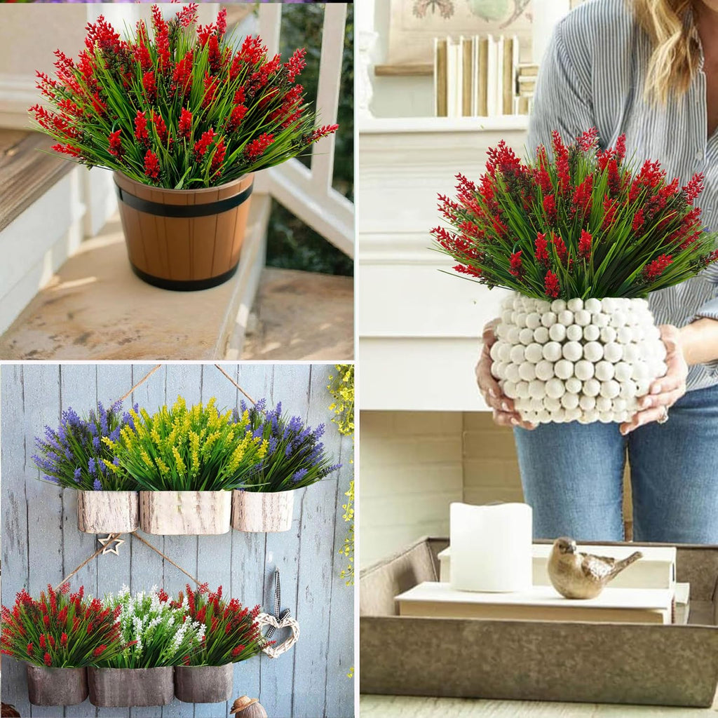 Artificial Plants Outdoor Fake Monkey Grass 12 Bundles Fake Outdoor Flowers | Red Artificial Flowers UV Resistant Fake Plants Outdoor Faux Greenery for Porch Pathway Yard Fall Winter Décor Outside Indoor