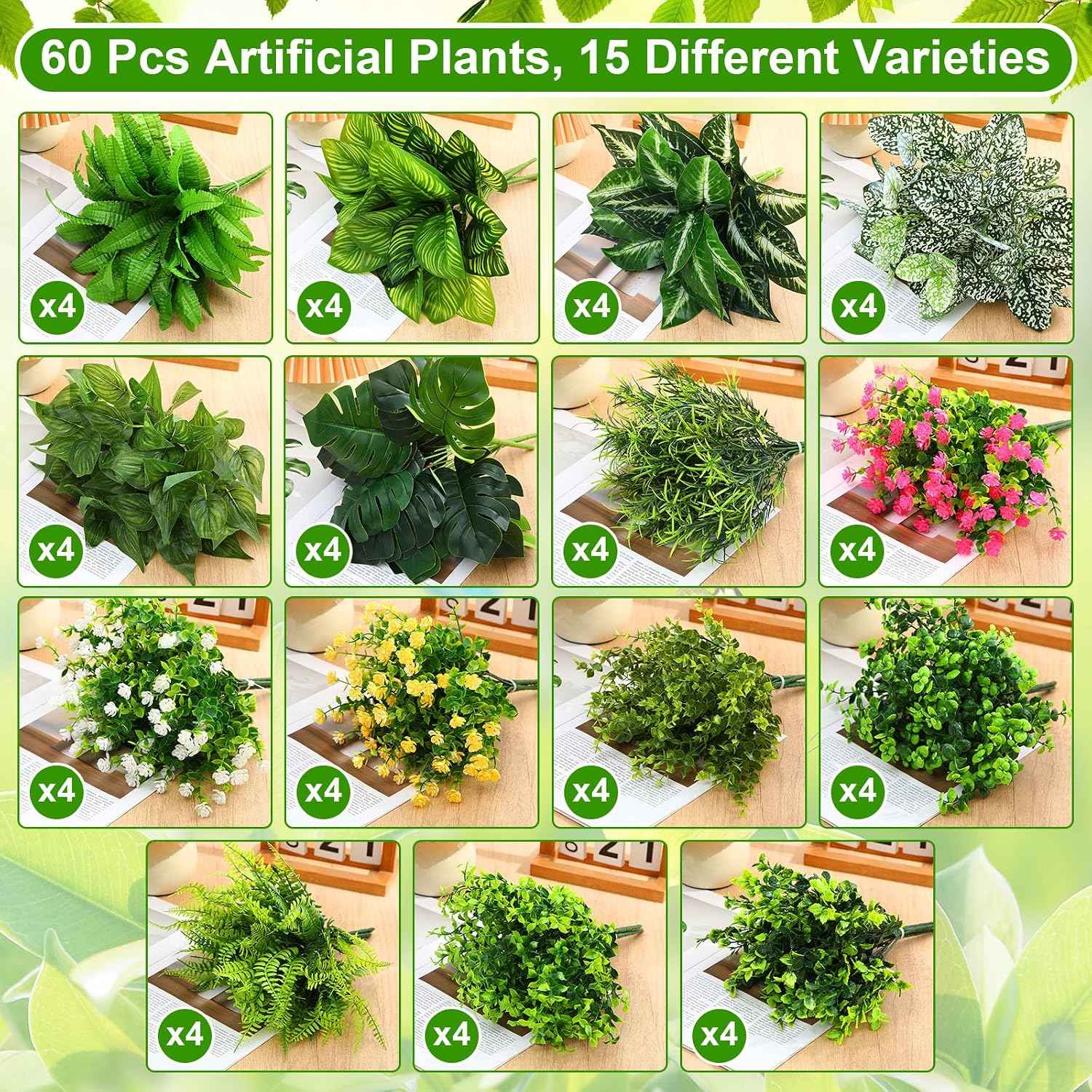 Thiccywoov 60 Bundles Outdoor Artificial Fall Flowers Bulk,Spring,Green | Fake Autumn Plants 15 Styles, UV Resistant Plastic Plants, for Window Box Porch Patio Home Garden, Thanksgiving Fall Decor