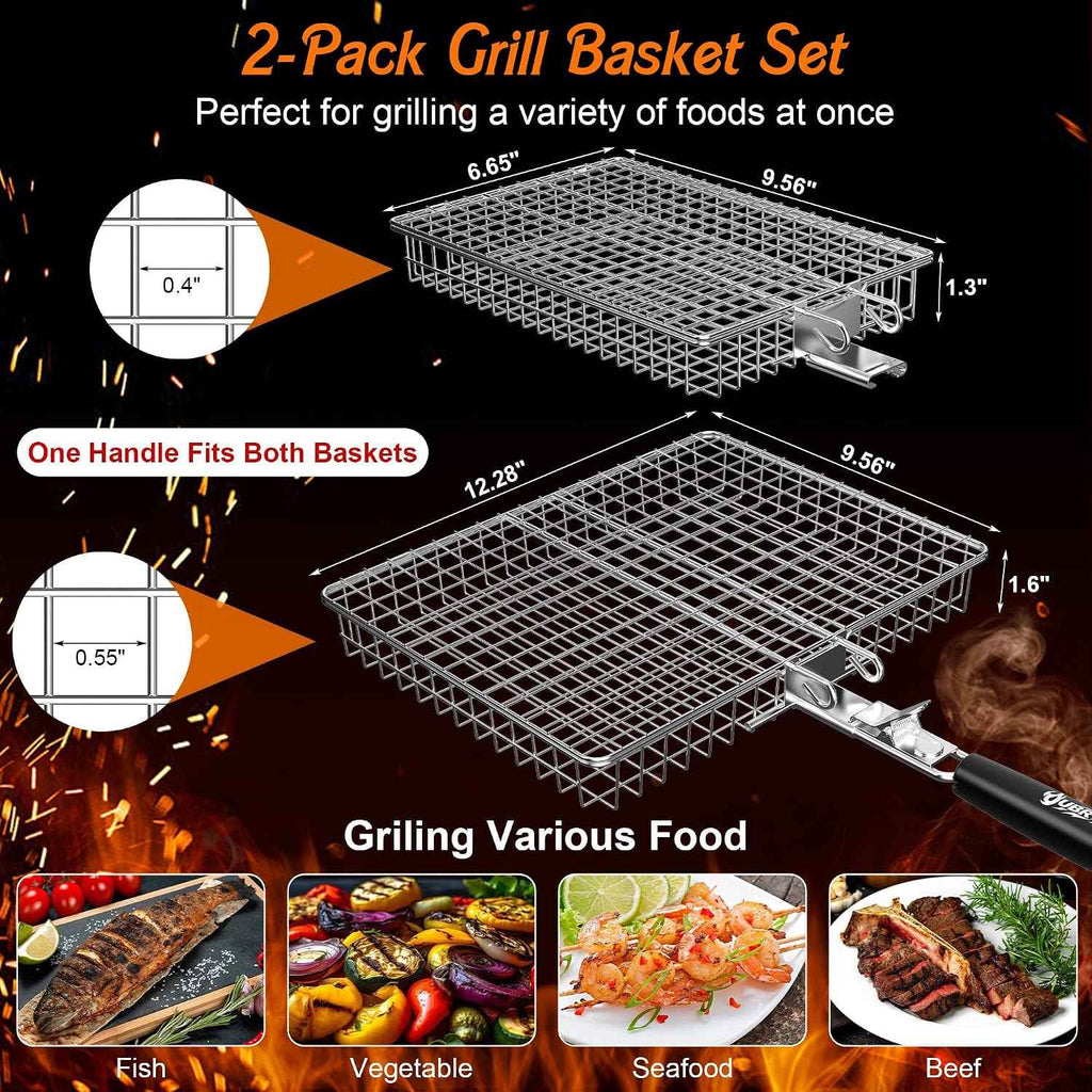 Grill Baskets for Outdoor Grill,Removable Wooden Handle,2PCS | Stainless Steel BBQ Grilling Basket,Camping Cooking Accessories for Meat Fish Vegetable Seafood, Gifts for Men Dad Husband