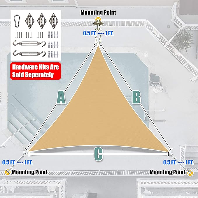 Amgo 14' x 14' x 14' Sand Beige Triangle Sun Shade Sail UPF50+ Canopy Awning - Image 7