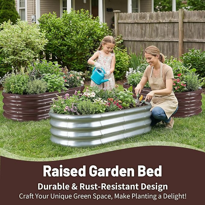GOOZOO Galvanized Planter Raised Garden Bed, Oval Metal Land Planter Box - Image 2