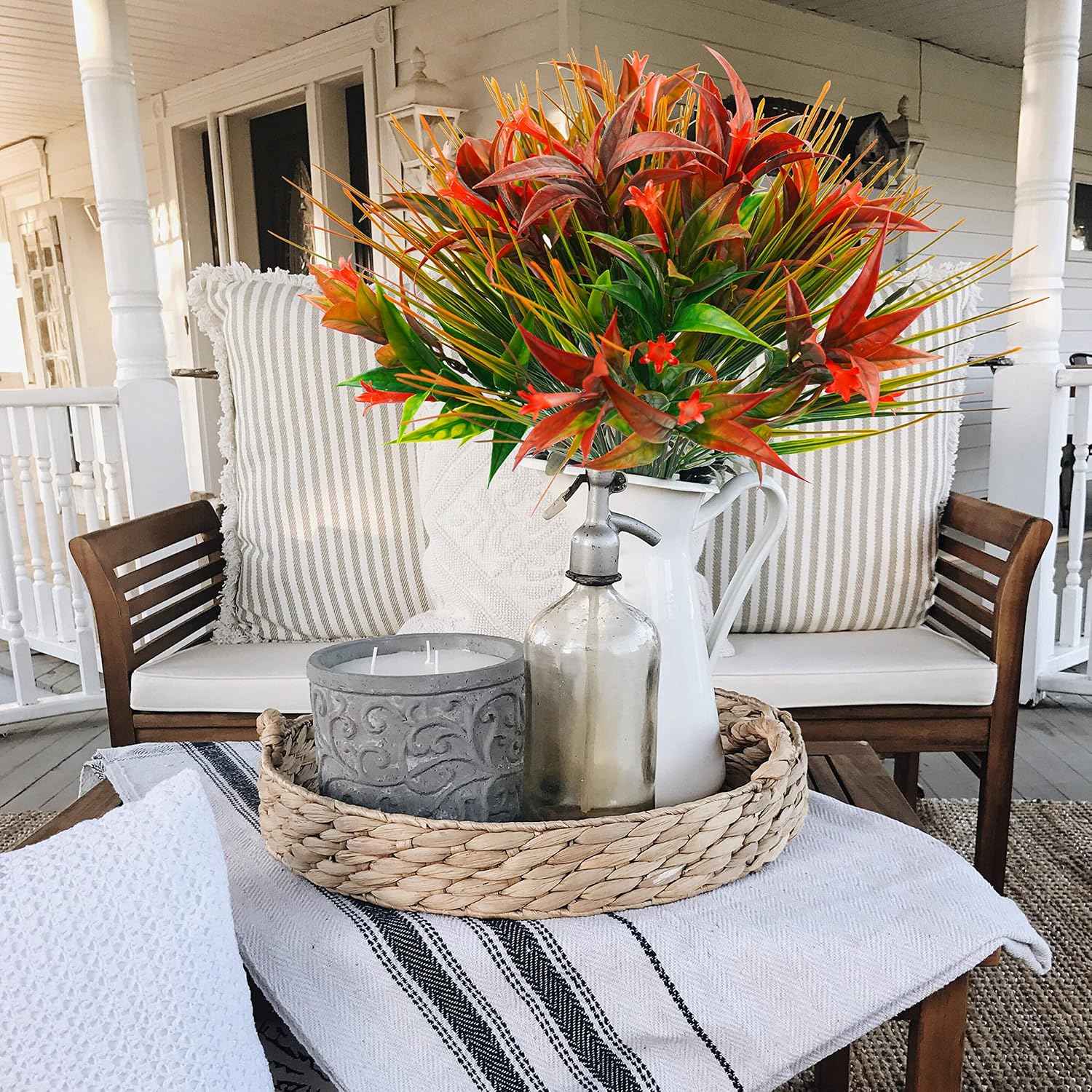 Uieke 6Pcs Outdoor Artificial Plants UV Resistant, Fake Morning Glory Flowers with Orange Grass, Tropical Flowers Fall Leaves Foliage for Garden Patio Sidewalk Décor Red