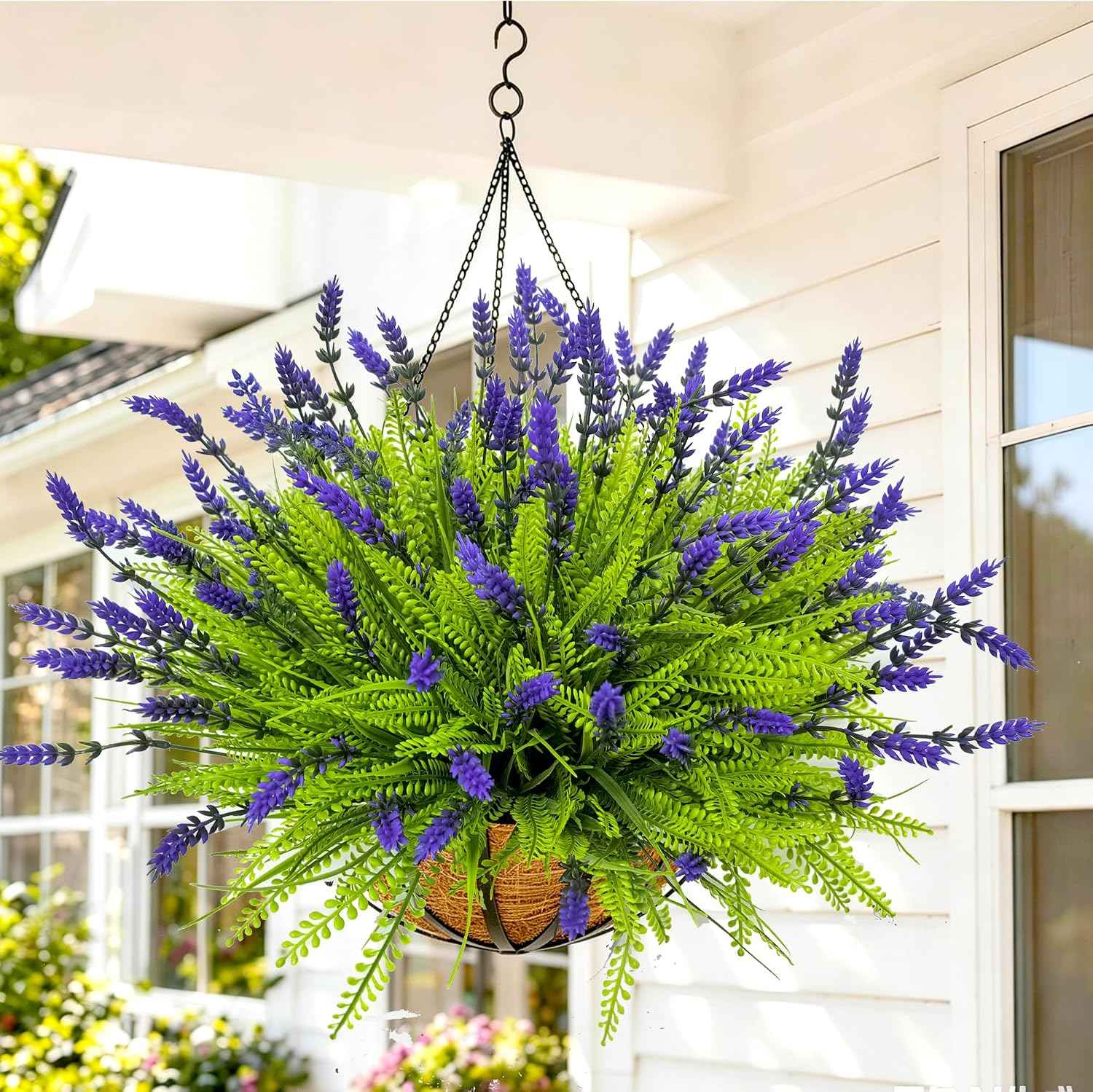 Artificial Plants Outdoor Faux Plants UV Resistant, 17.8" Realistic Faux Artificial Flowers Outdoor Fake Lavender with Monkey Grass Plastic Greenery Shrubs for Porch Garden Patio Window Box