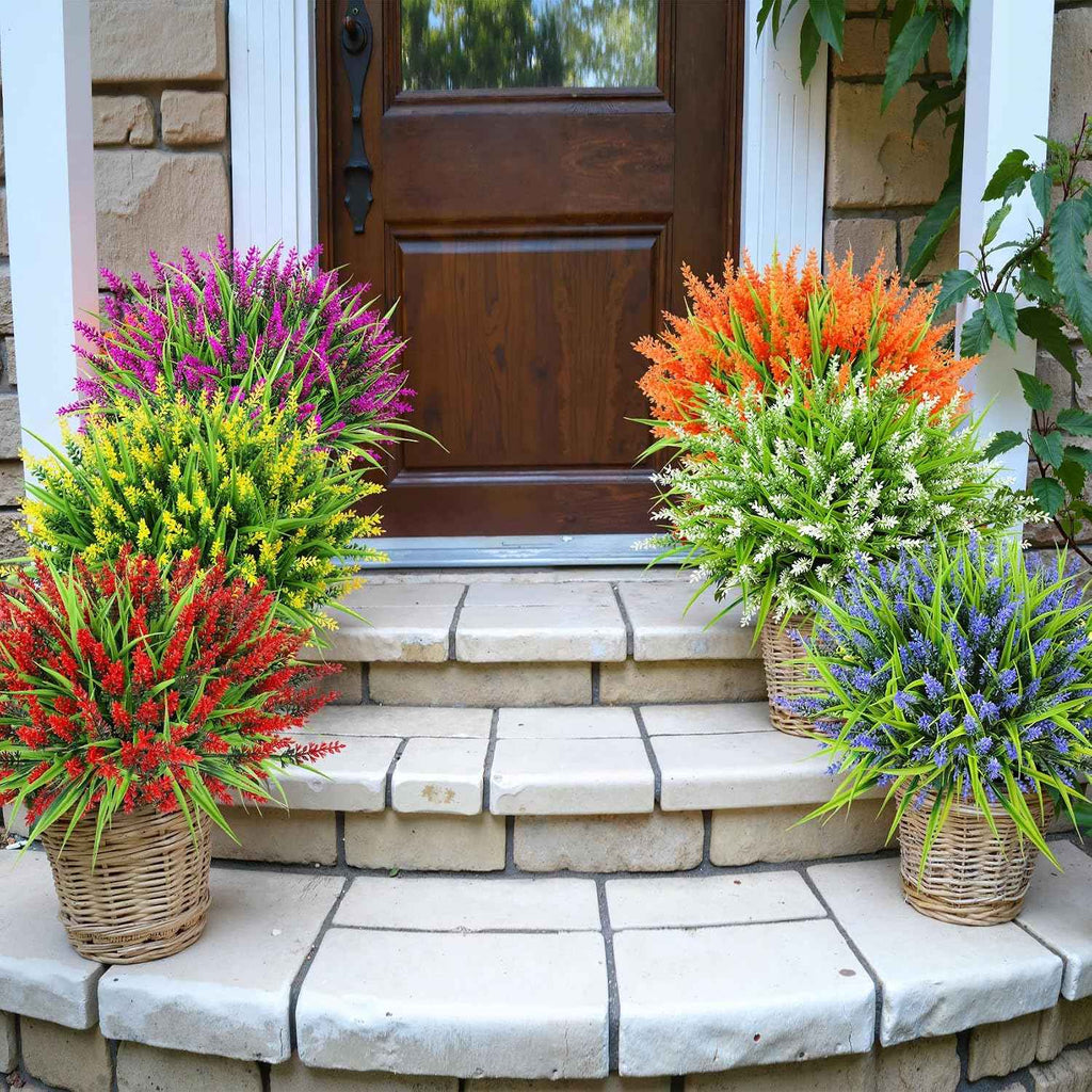 Ouddy Decor 24 Pcs Artificial Flowers for Outdoors Fake Lavender, Mixed | Realistic plastic flowers, faux monkey grass shrubs, UV resistant, for porch garden window box office home decorations
