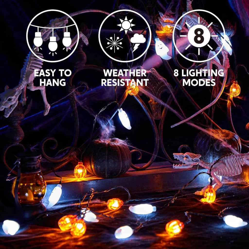 JOYIN Halloween String Lights Decorations, 19.7FT 30 LED Battery Operated Ghost Pumpkin 3D String Light with 8 Lighting Modes for Home Indoor Outdoor Halloween Party Decor(Orange/White Color)