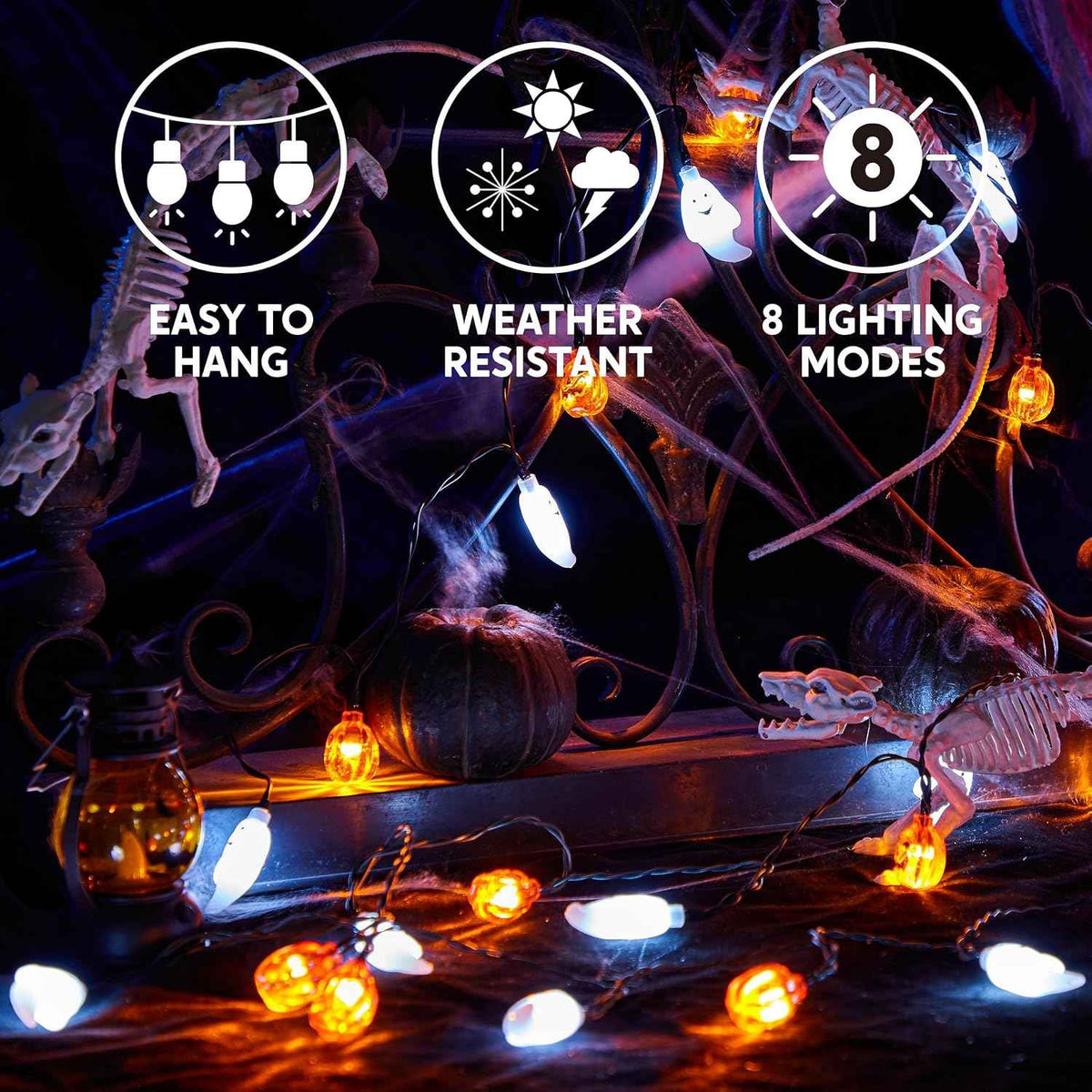 JOYIN Halloween String Lights Decorations, 19.7FT 30 LED Battery Operated Ghost Pumpkin 3D String Light with 8 Lighting Modes for Home Indoor Outdoor Halloween Party Decor(Orange/White Color)